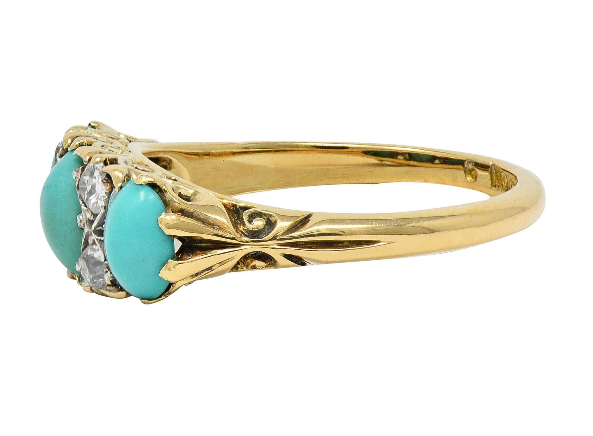 Bague jonc ancien Art Nouveau à trois pierres en or 18 carats, platine, turquoise et diamant Unisexe en vente