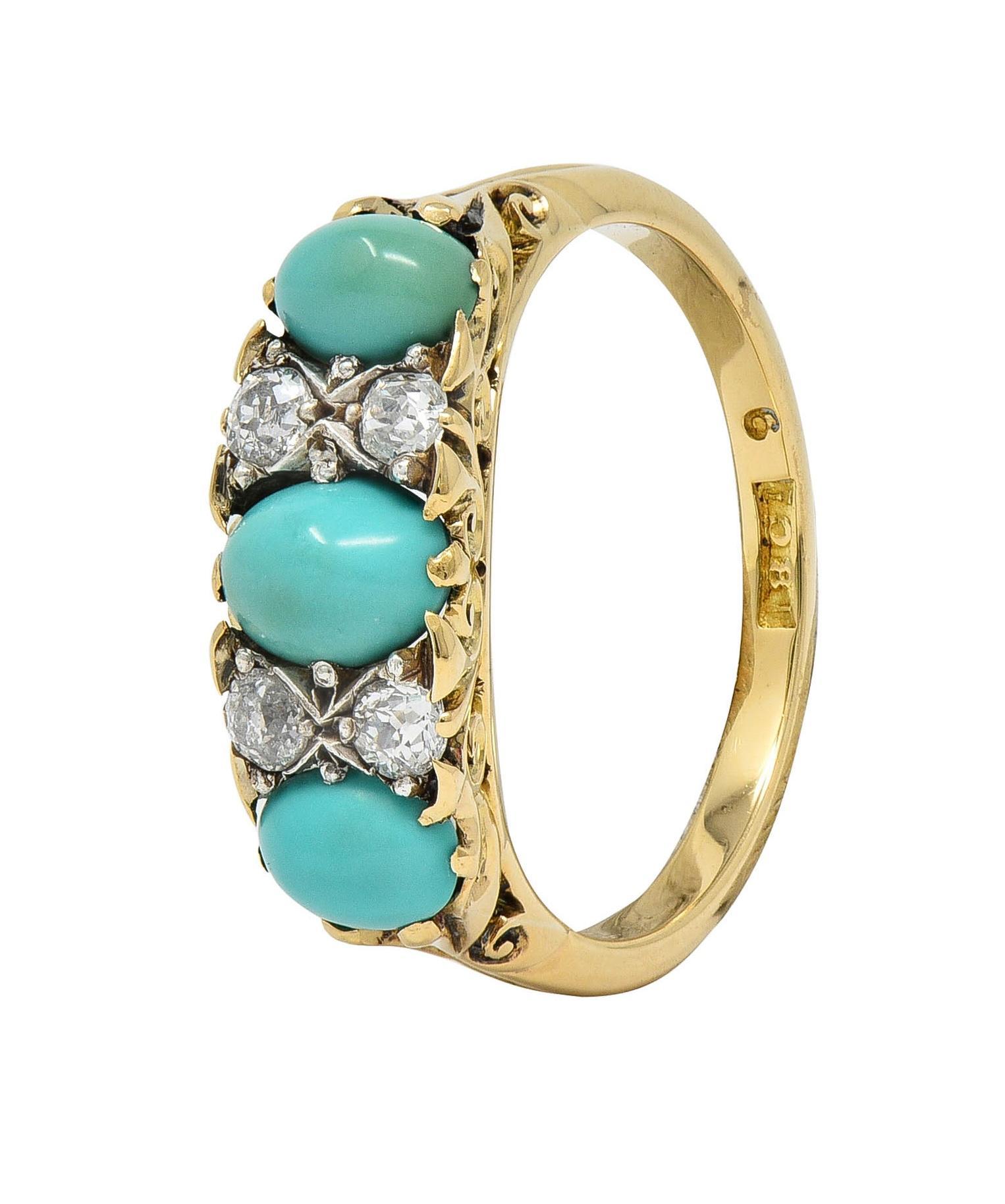 Bague jonc ancien Art Nouveau à trois pierres en or 18 carats, platine, turquoise et diamant en vente 2