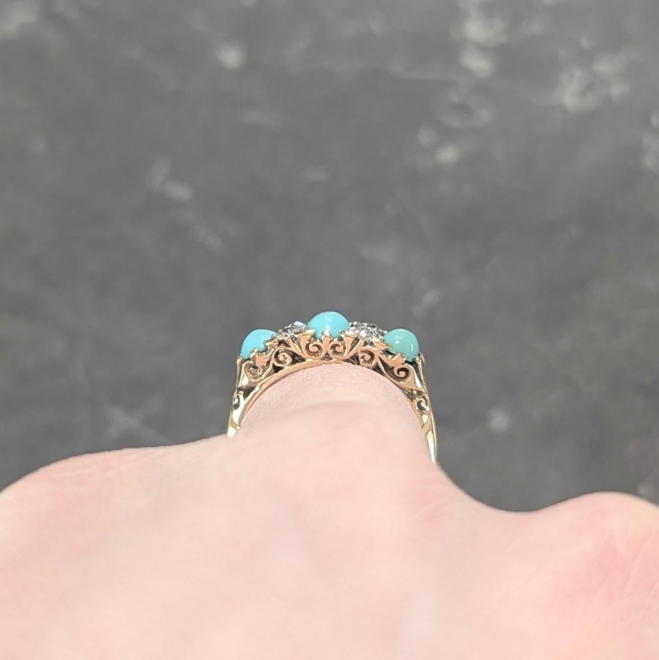 Bague jonc ancien Art Nouveau à trois pierres en or 18 carats, platine, turquoise et diamant en vente 3
