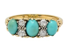 Art Nouveau Turquoise Diamond Platinum 18K Gold Antique Three Stone Band Ring