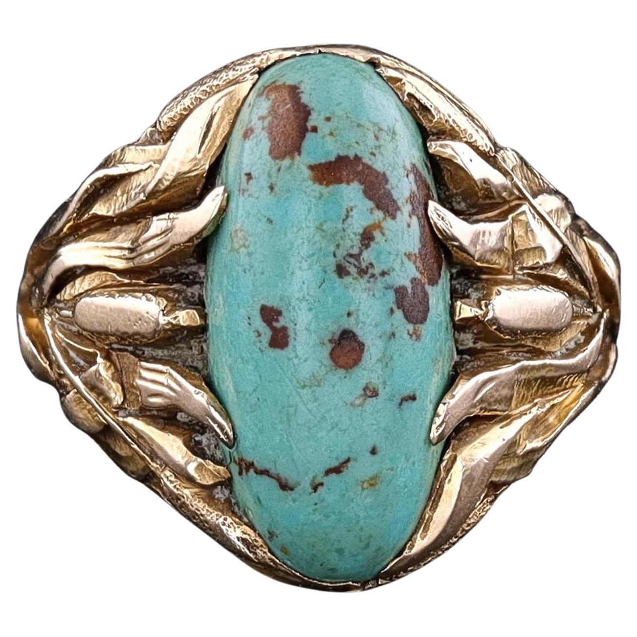 Art Nouveau Turquoise Ring of 14k Gold