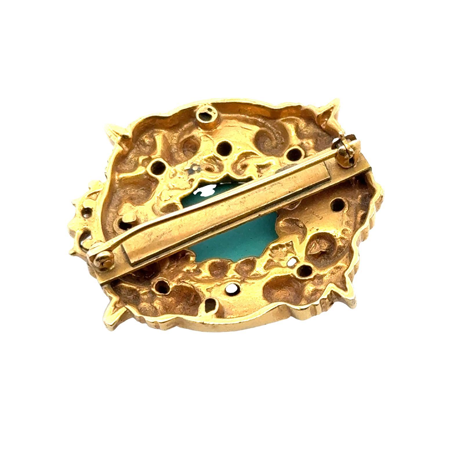 Art Nouveau Turquoise & Seed Pearl 14 Karat Yellow Gold Antique Brooch Pin In Good Condition For Sale In Boca Raton, FL