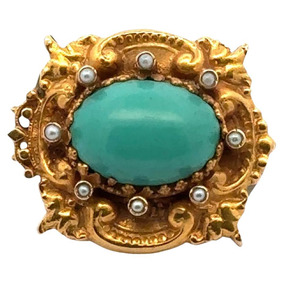 Art Nouveau Turquoise & Seed Pearl 14 Karat Yellow Gold Antique Brooch Pin For Sale