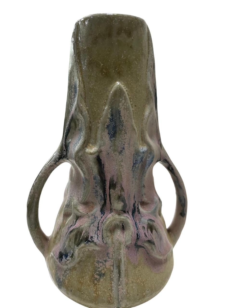 ART NOUVEAU two-handled GREBER Vase, with some pink flashes, refined ceramic For Sale 10