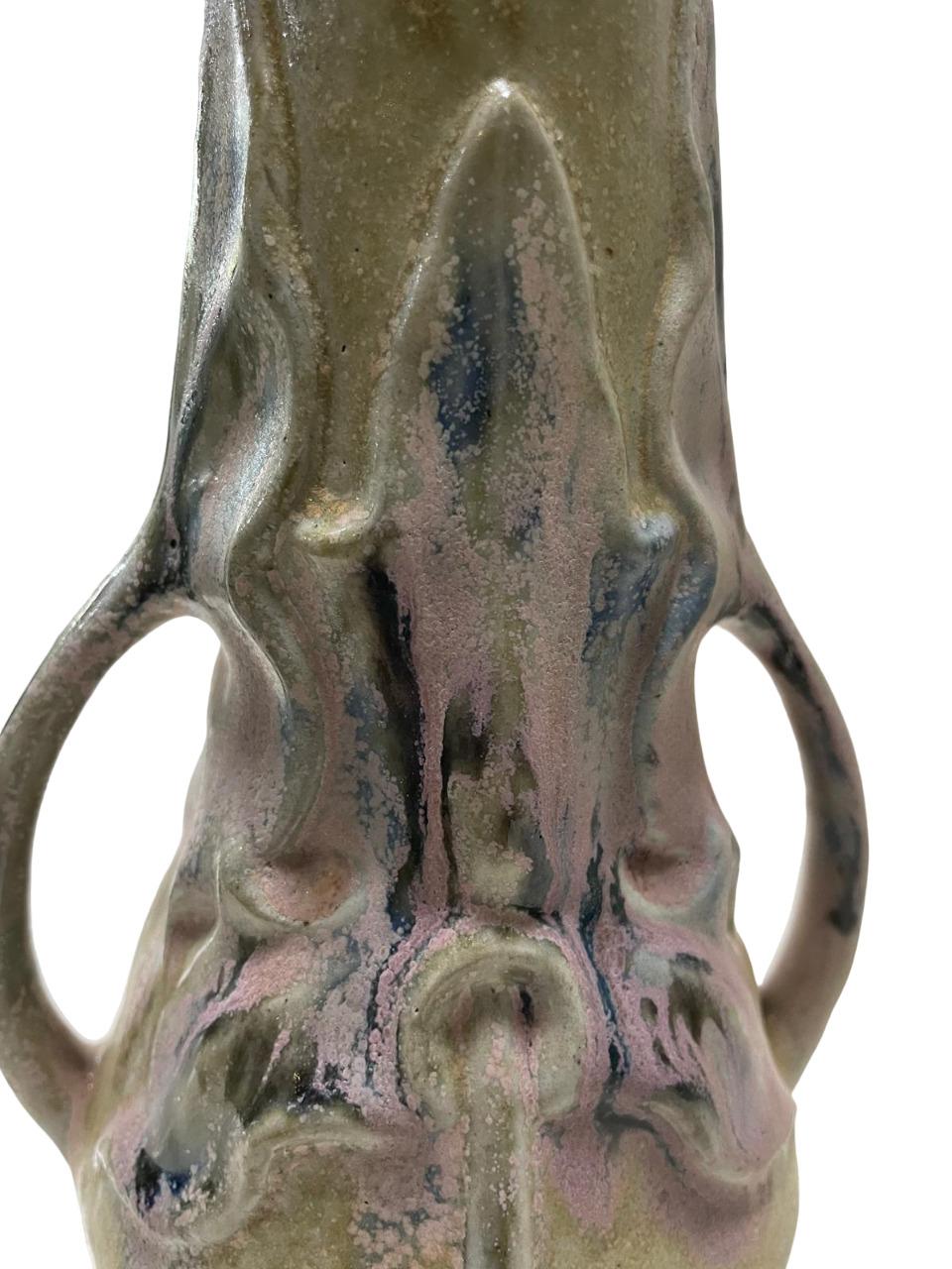 ART NOUVEAU two-handled GREBER Vase, with some pink flashes, refined ceramic For Sale 11
