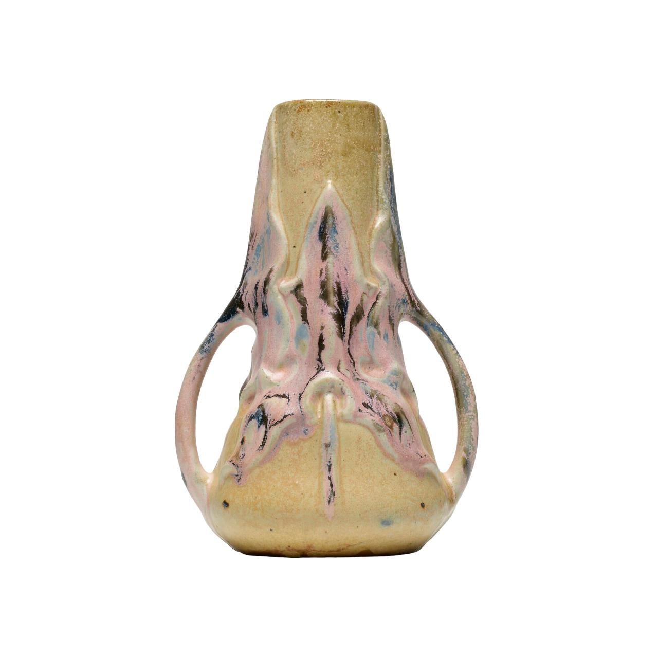 French ART NOUVEAU two-handled GREBER Vase, with some pink flashes, refined ceramic For Sale