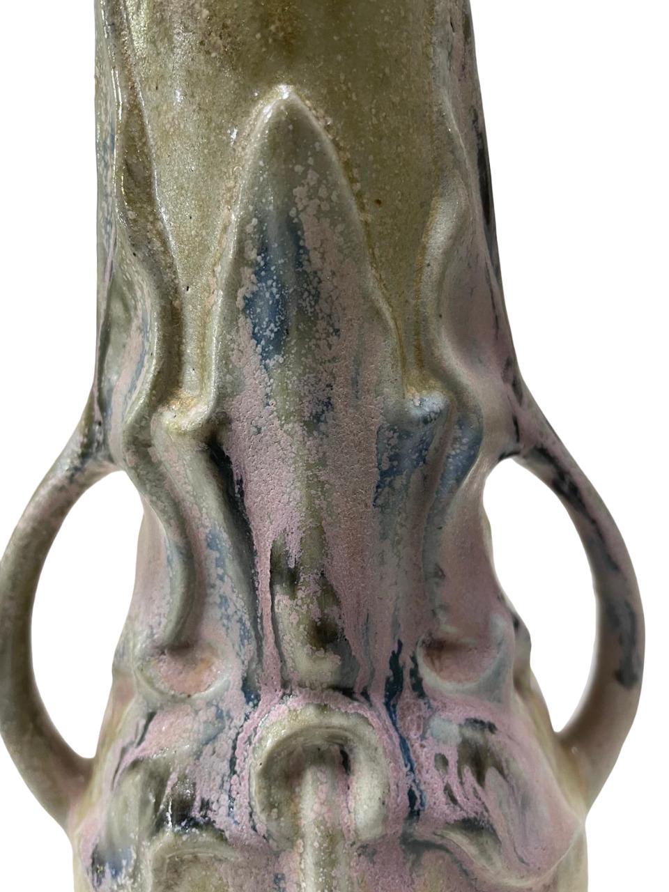Late 19th Century ART NOUVEAU two-handled GREBER Vase, with some pink flashes, refined ceramic For Sale