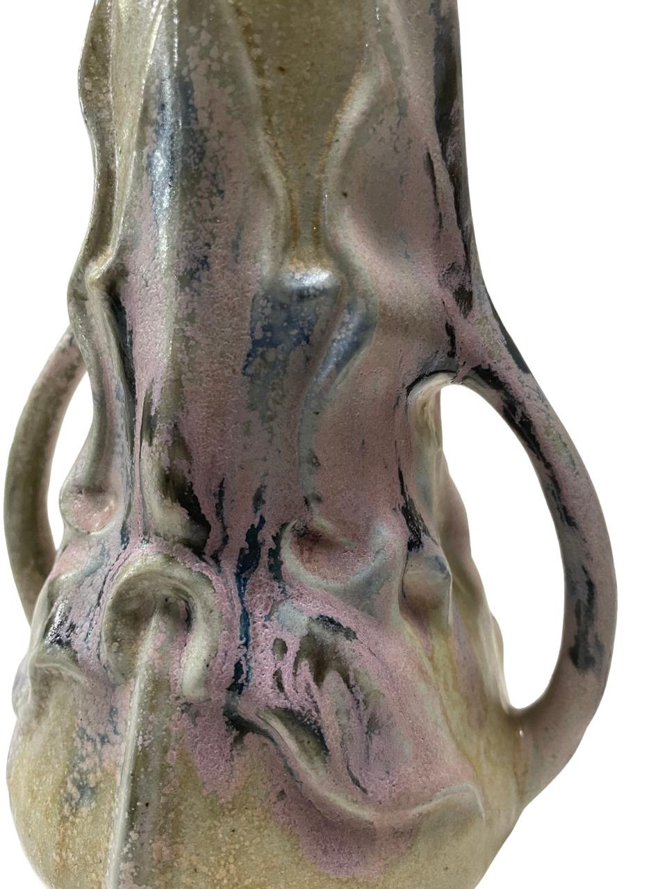 Ceramic ART NOUVEAU two-handled GREBER Vase, with some pink flashes, refined ceramic For Sale