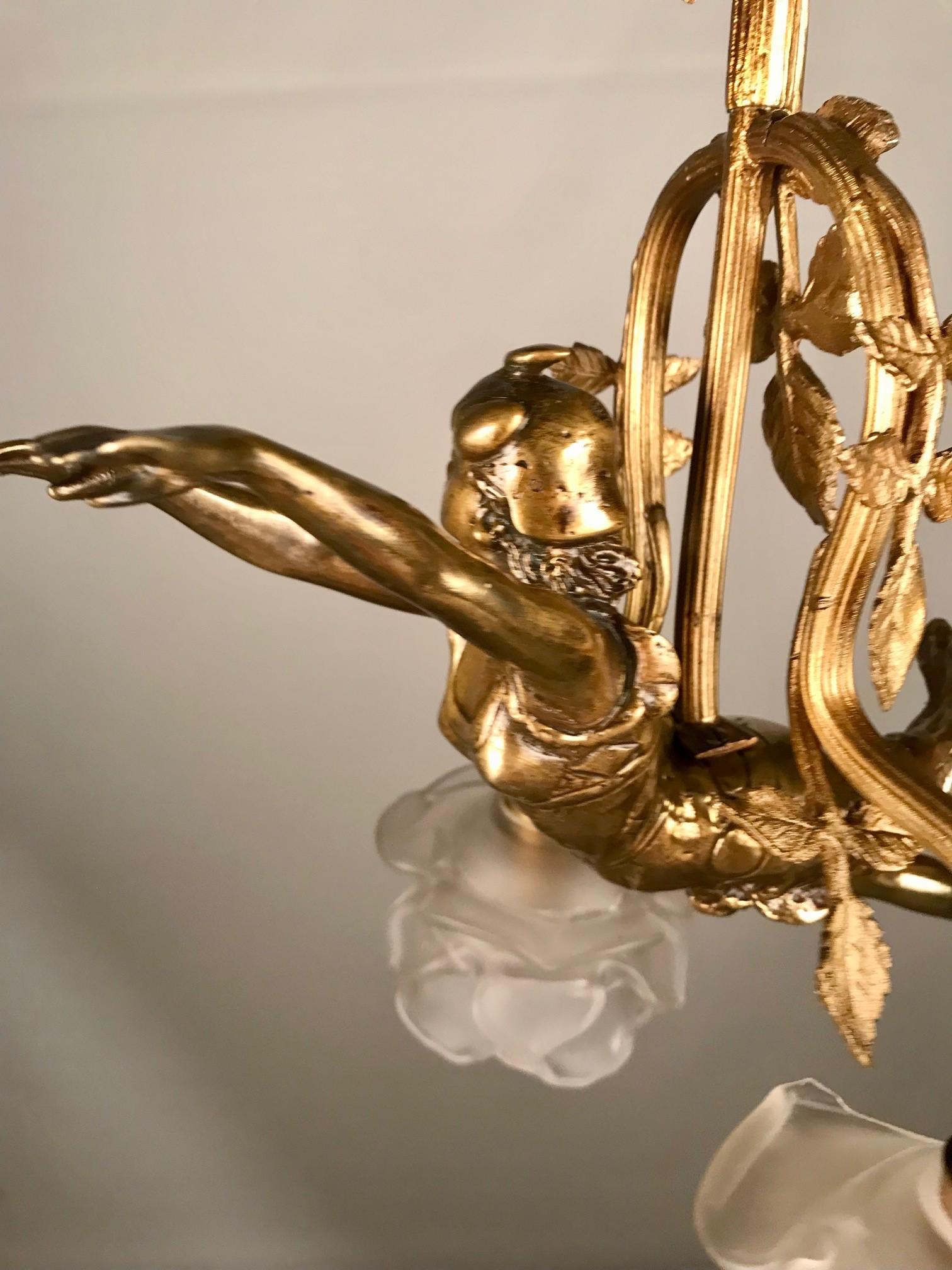Art Nouveau Two Light Figural Pendant For Sale 3
