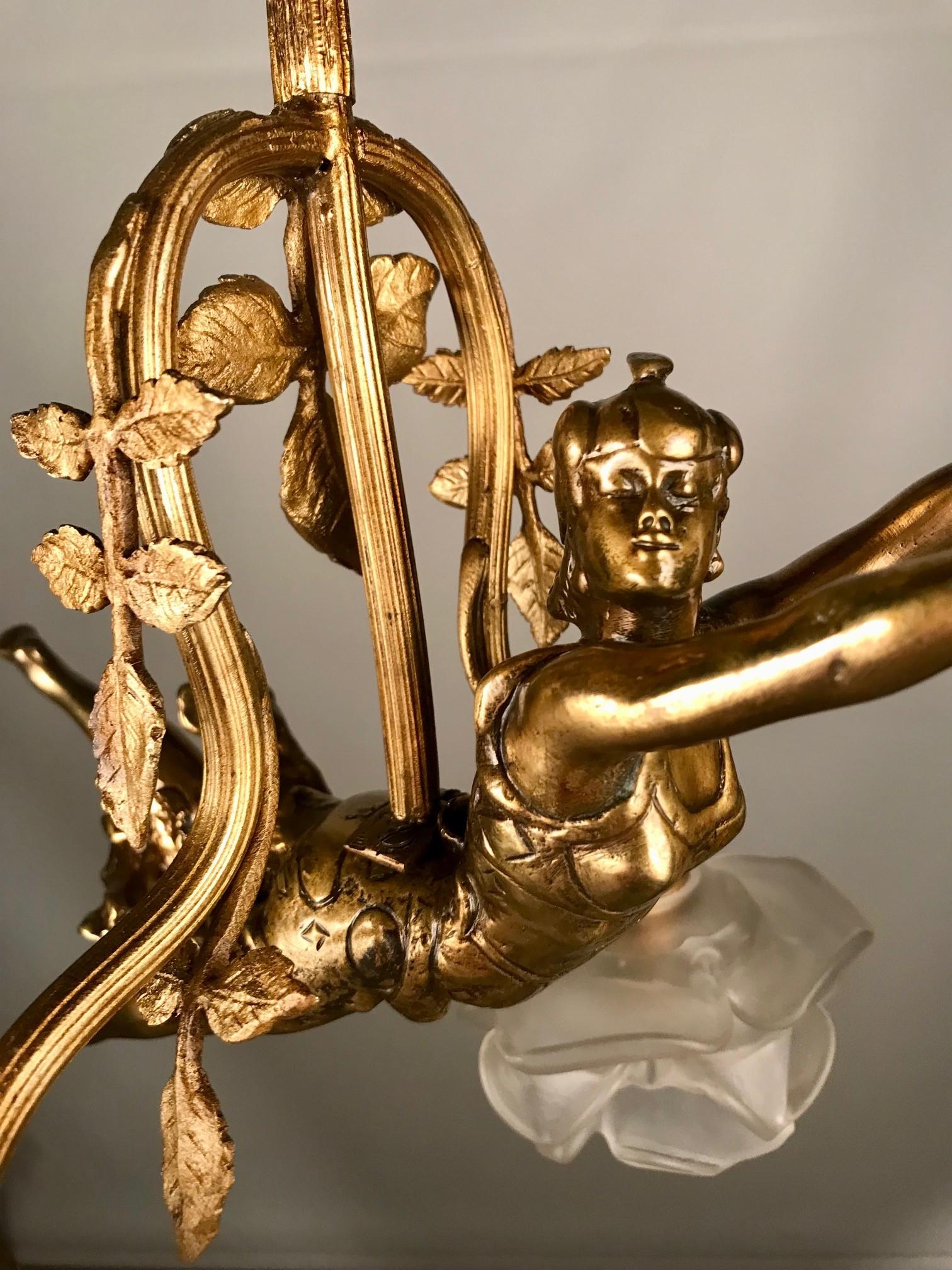Art Nouveau Two Light Figural Pendant For Sale 4