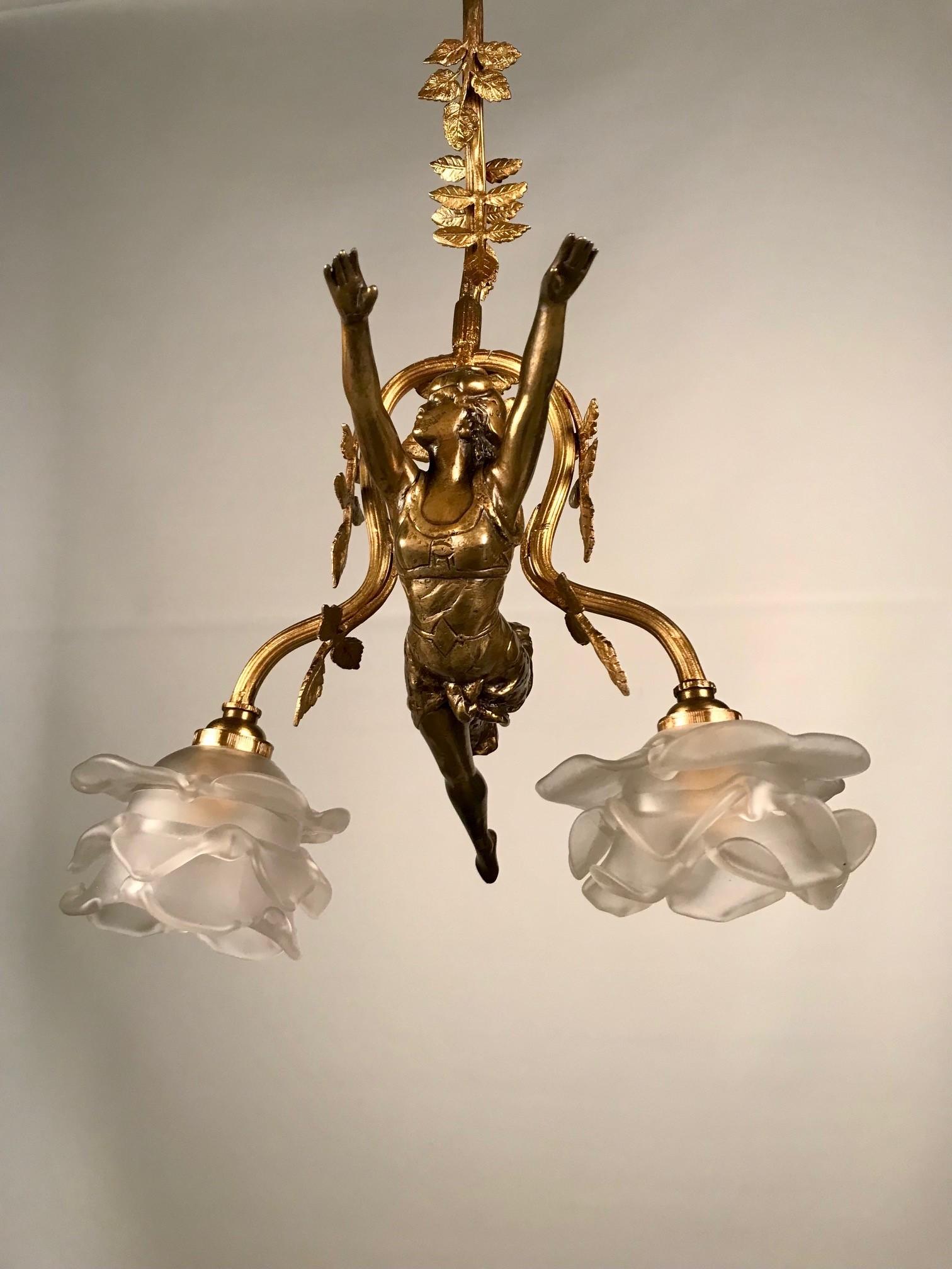 French Art Nouveau Two Light Figural Pendant For Sale