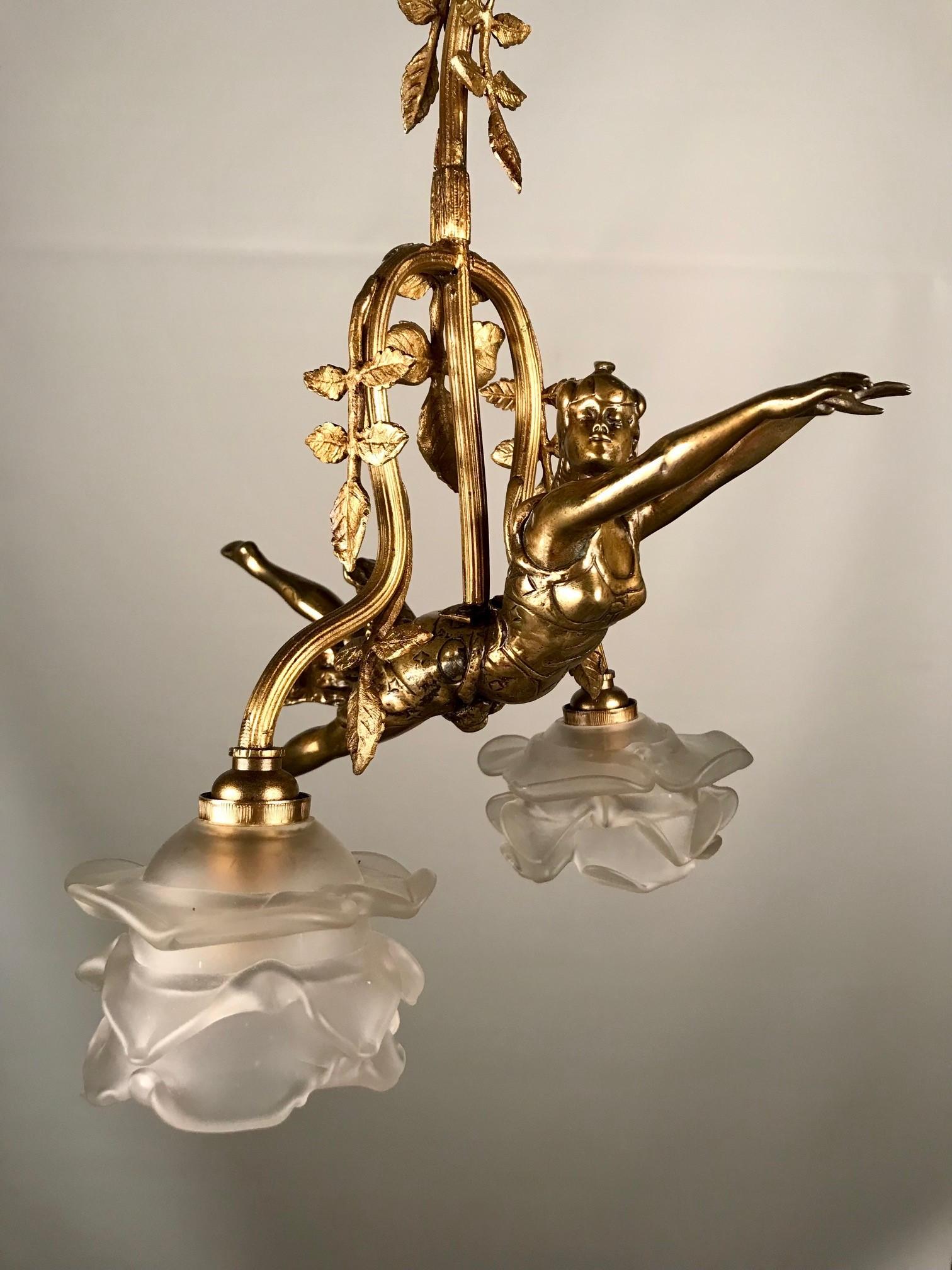 Gilt Art Nouveau Two Light Figural Pendant For Sale