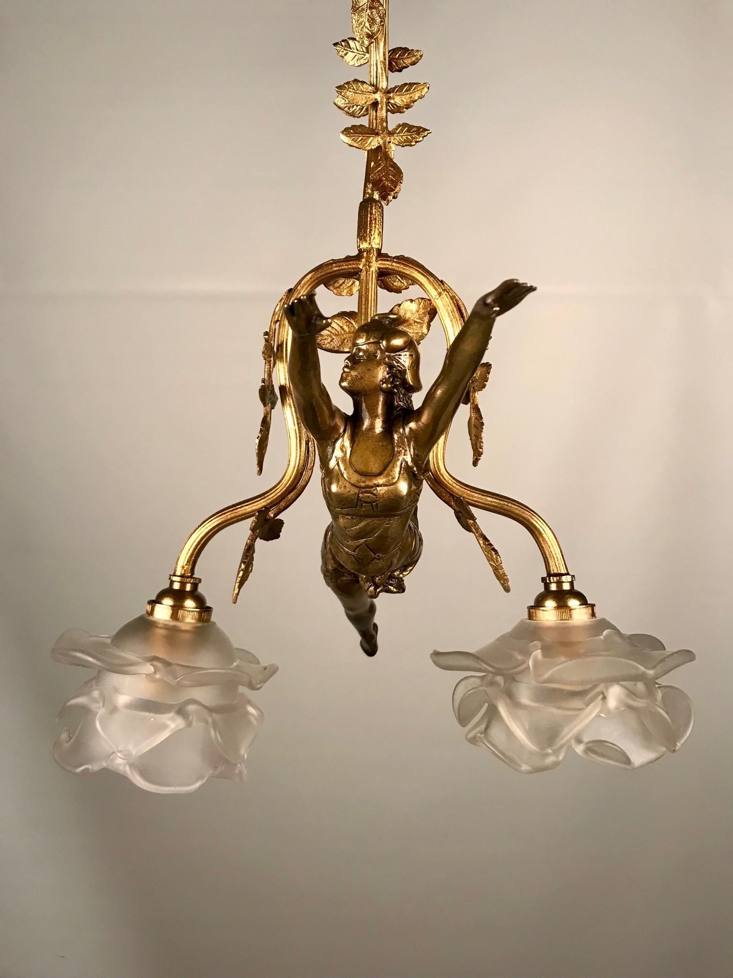 Bronze Art Nouveau Two Light Figural Pendant For Sale