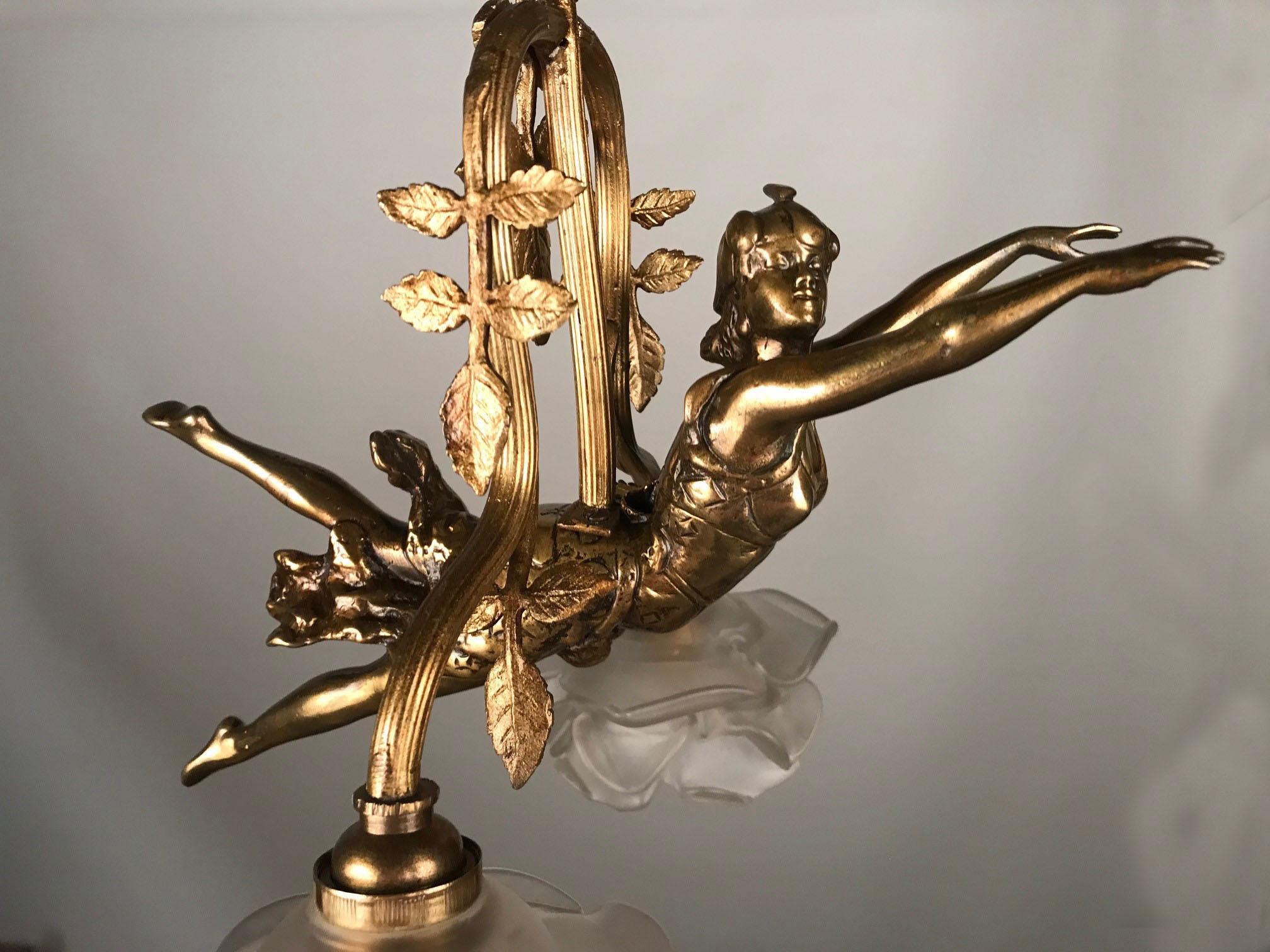 Art Nouveau Two Light Figural Pendant For Sale 1