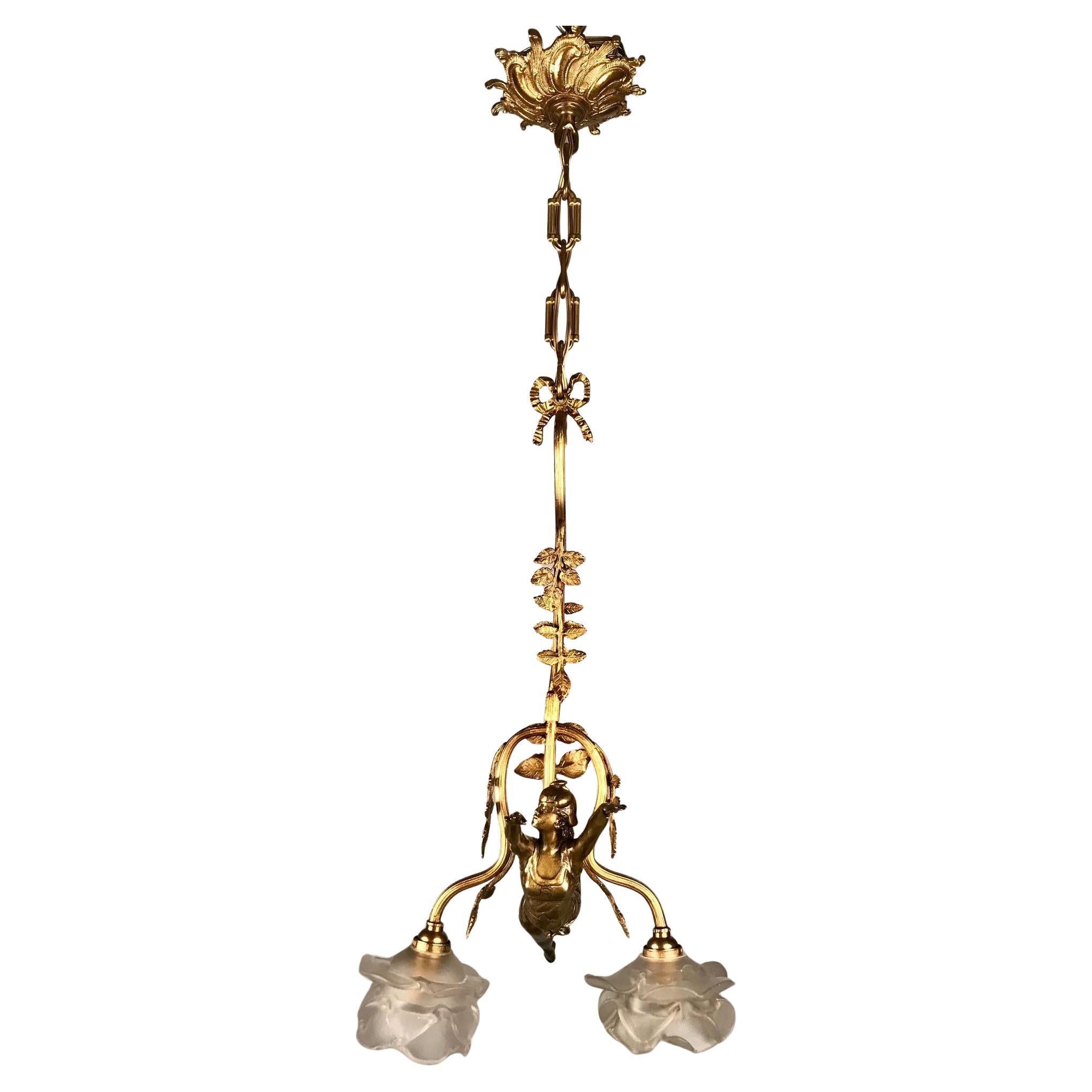 Art Nouveau Two Light Figural Pendant For Sale