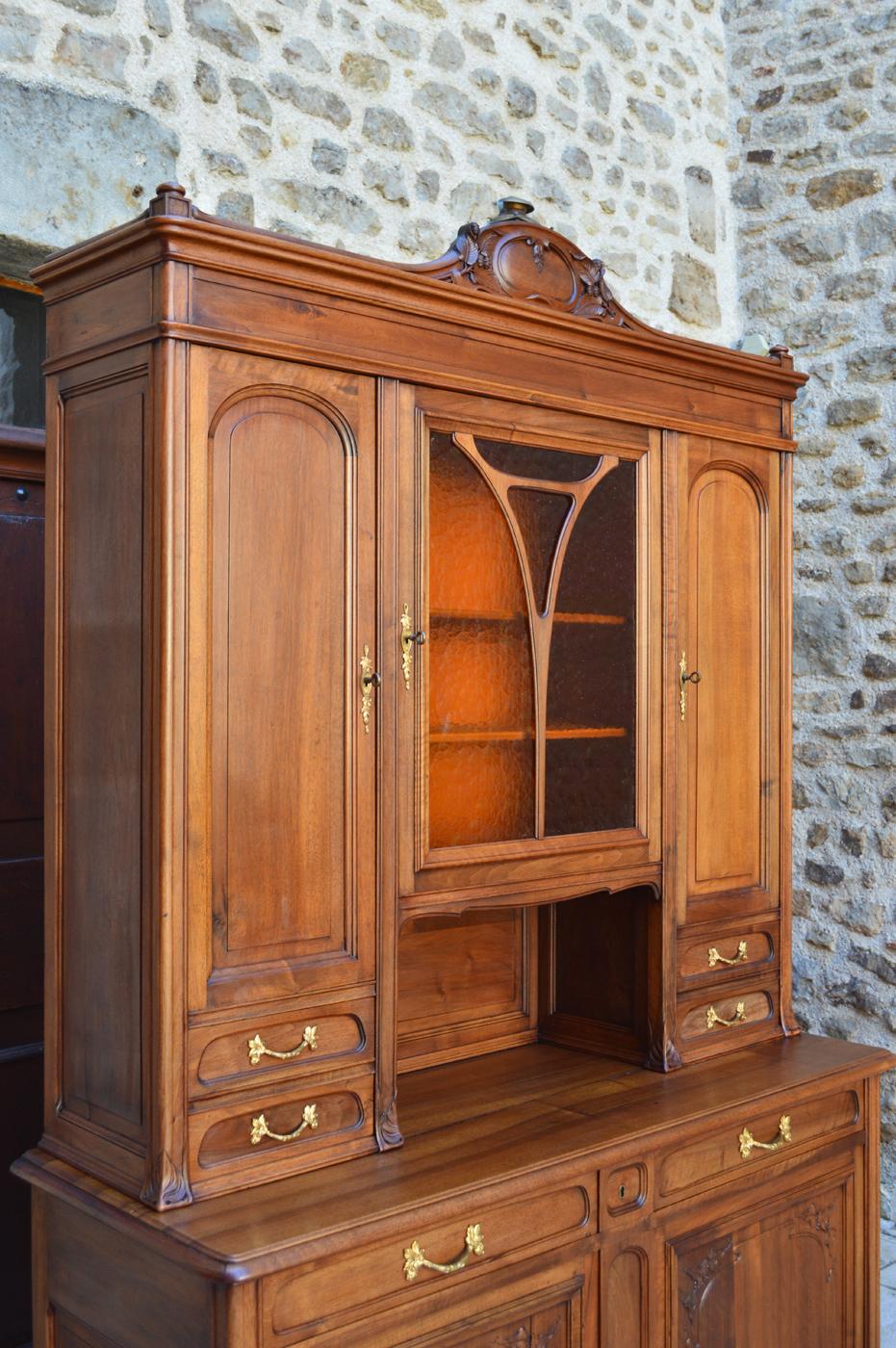 Glass Art Nouveau Two-piece Sideboard in Carved Walnut, France, circa 1900 For Sale