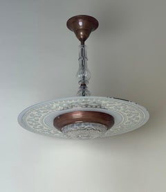 Art Nouveau Ufo Pendant Lamp by Ezan, Copper & Glass, 50 cm, 1930s