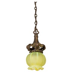 Art Nouveau Uranium Glass Bellflower and Wrought Iron Pendant