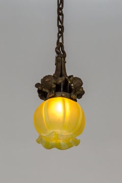 Art Nouveau Uranium Glass Bellflower and Wrought Iron Pendant Light