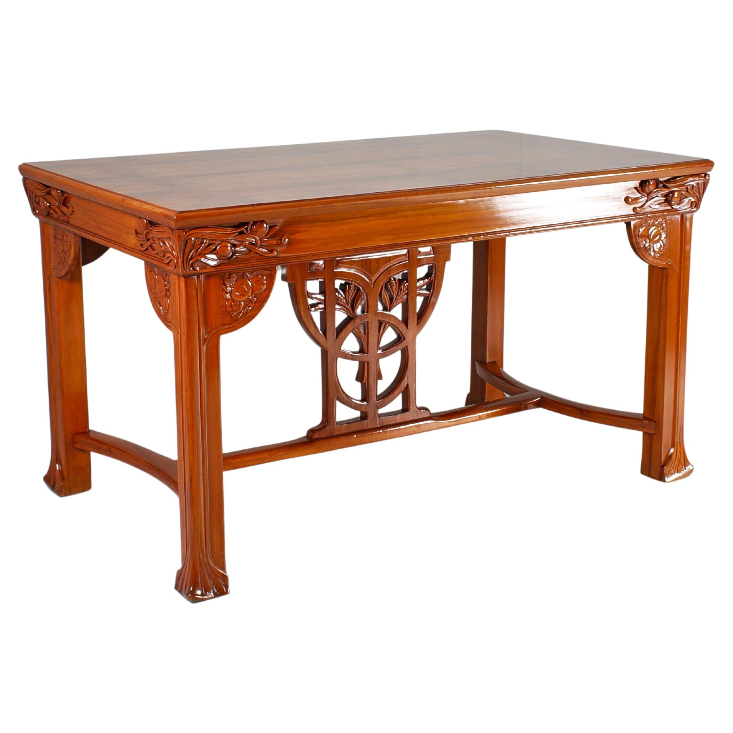 Art Nouveau V. Ducrot Restored Inlaid and Carved Wood Table 1900 Italy For Sale