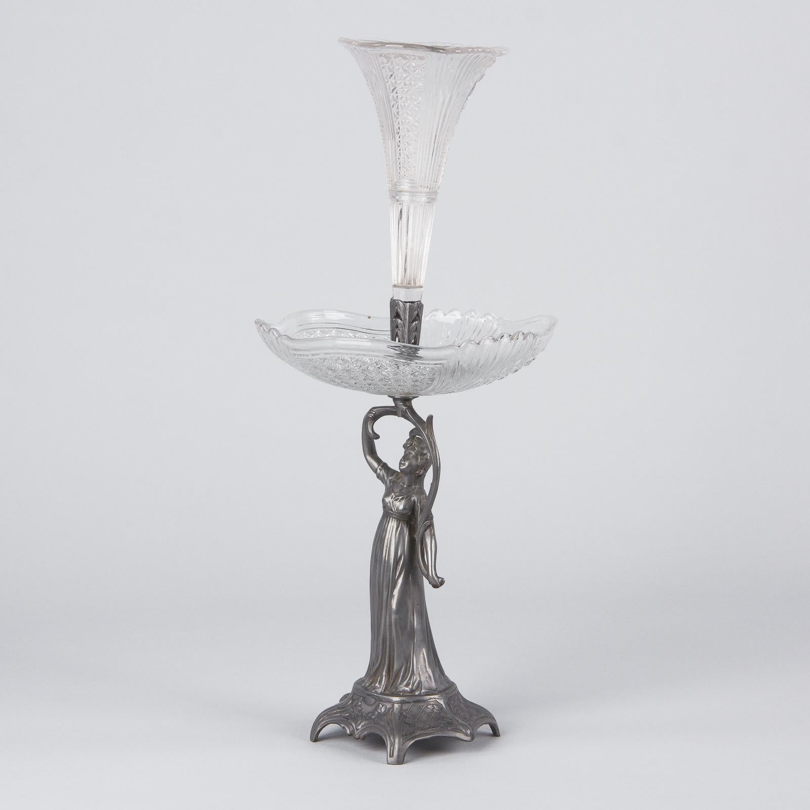 Art Nouveau Val Saint Lambert Pewter Figurine with Crystal Vase, Belgium, 1910s 4