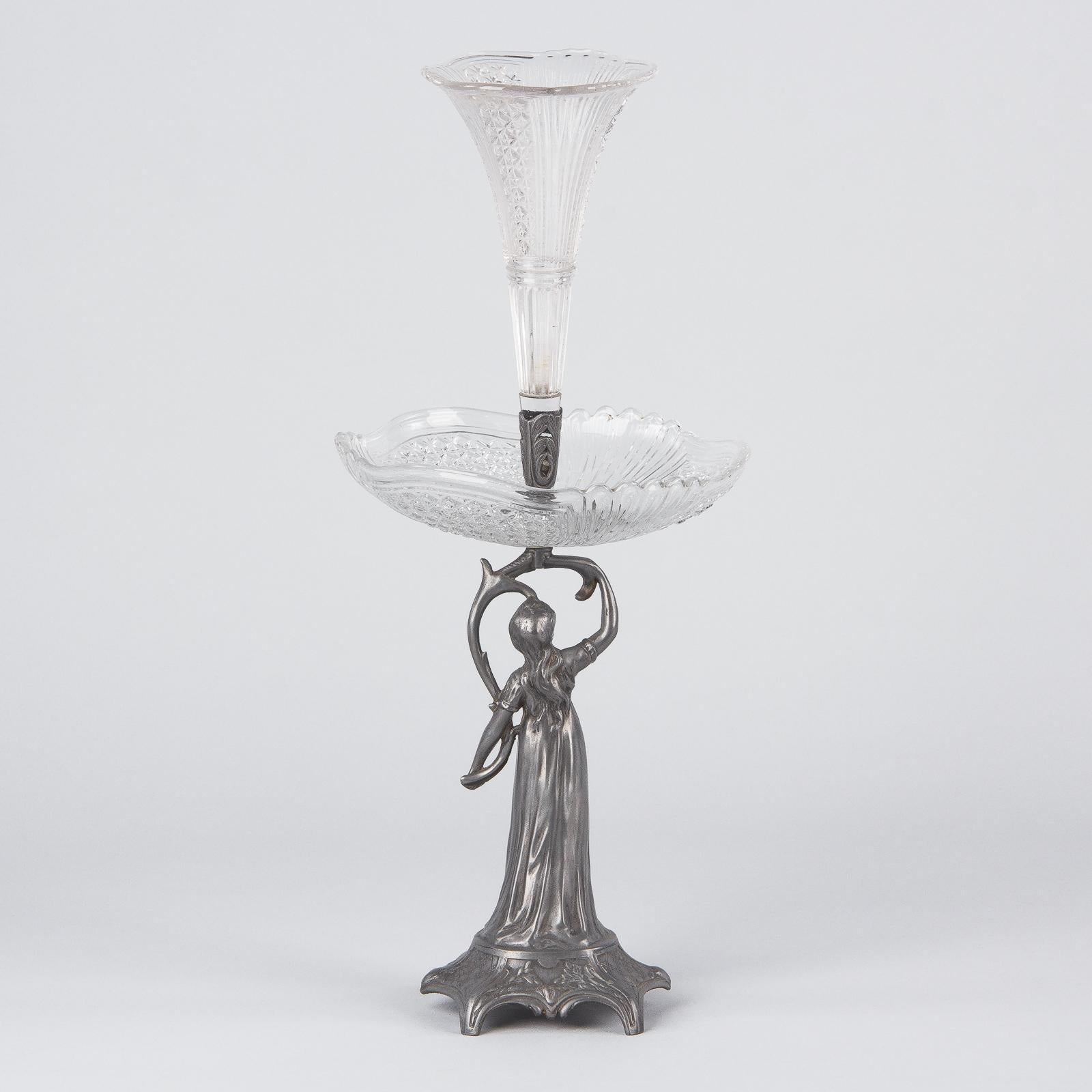 Art Nouveau Val Saint Lambert Pewter Figurine with Crystal Vase, Belgium, 1910s 7