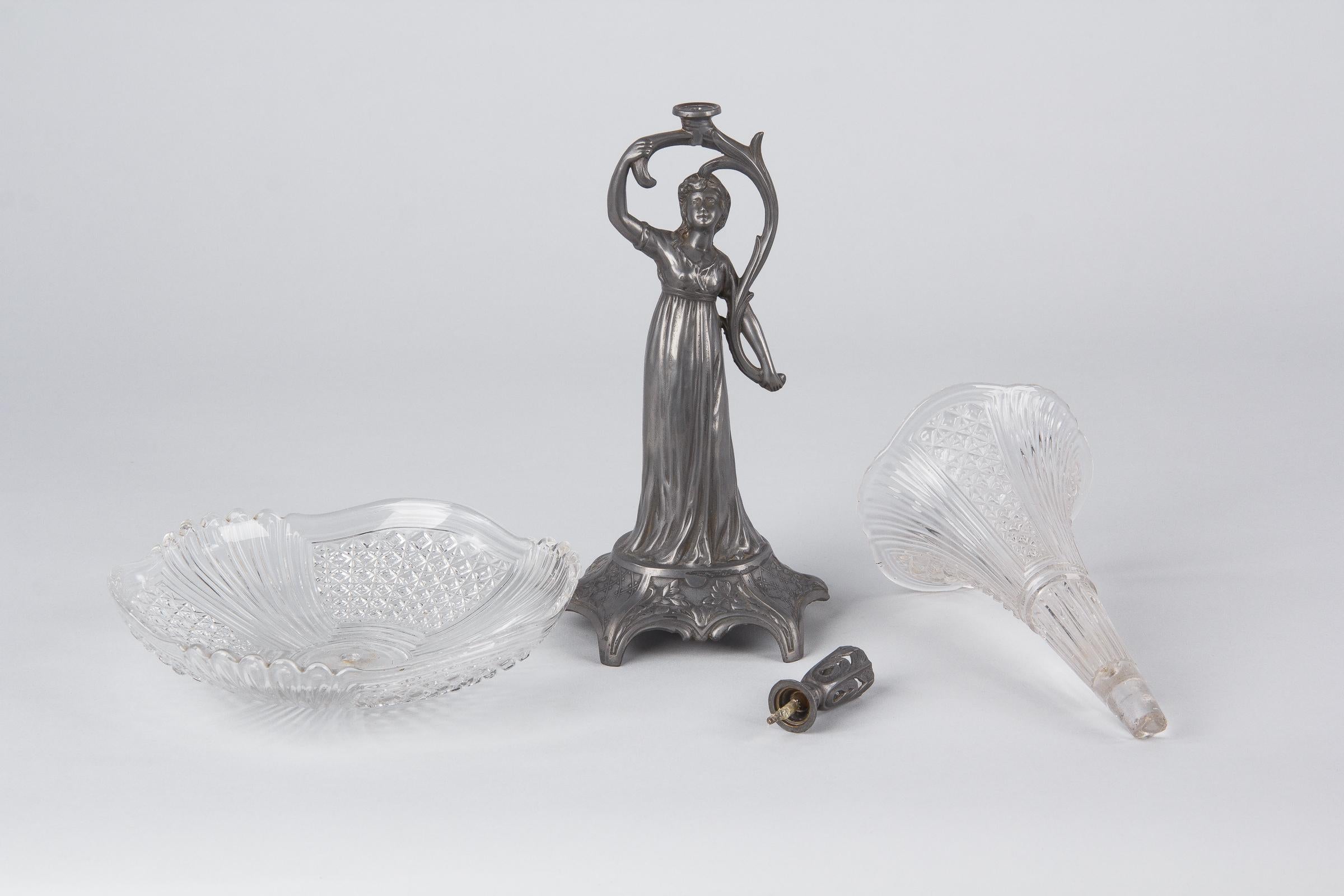 Art Nouveau Val Saint Lambert Pewter Figurine with Crystal Vase, Belgium, 1910s 9