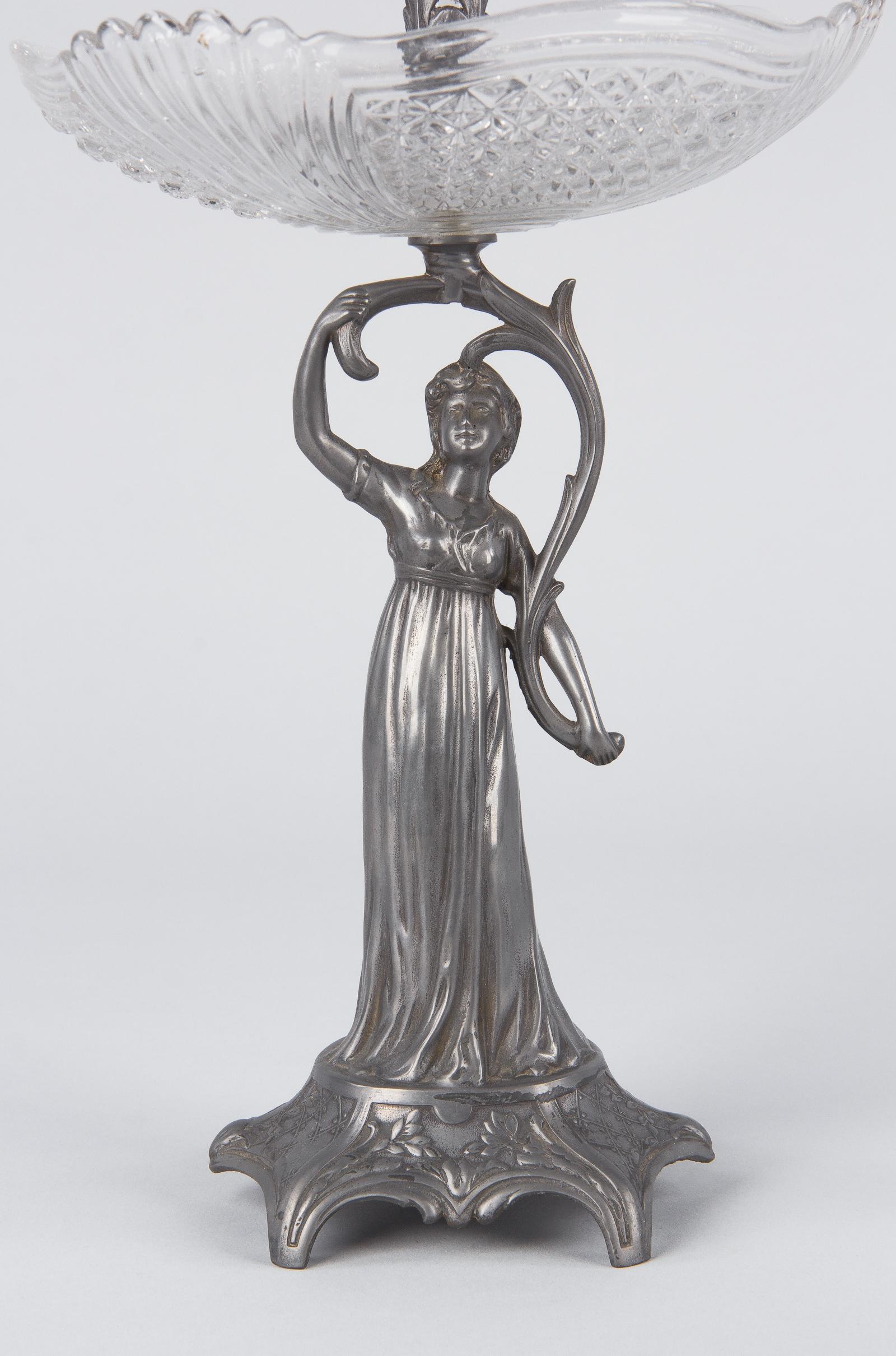 Cut Glass Art Nouveau Val Saint Lambert Pewter Figurine with Crystal Vase, Belgium, 1910s