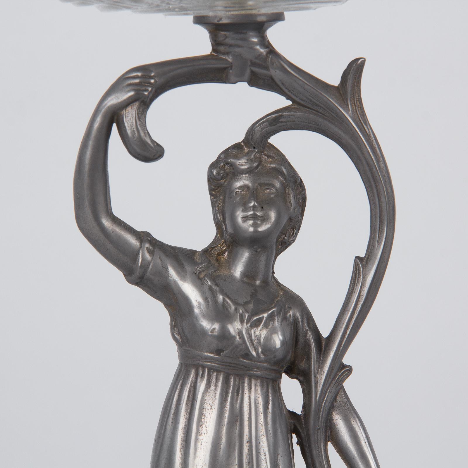 Art Nouveau Val Saint Lambert Pewter Figurine with Crystal Vase, Belgium, 1910s 1