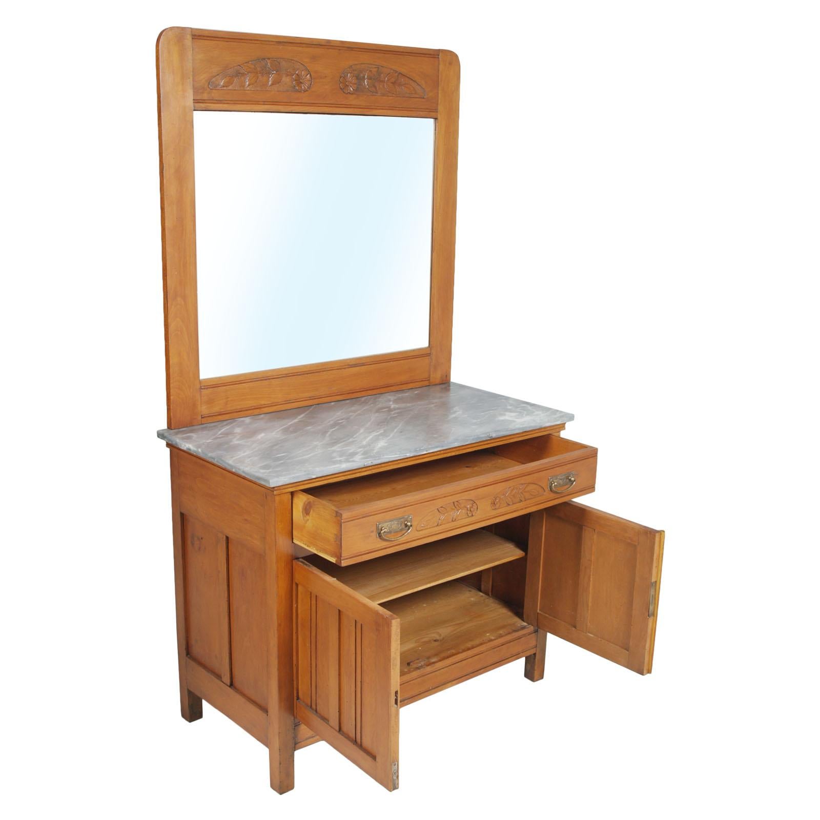 Hand-Carved Art Nouveau Vanity Cabinet, Carved Cherrywood, Bevelled Mirror, Gray Marble Top For Sale