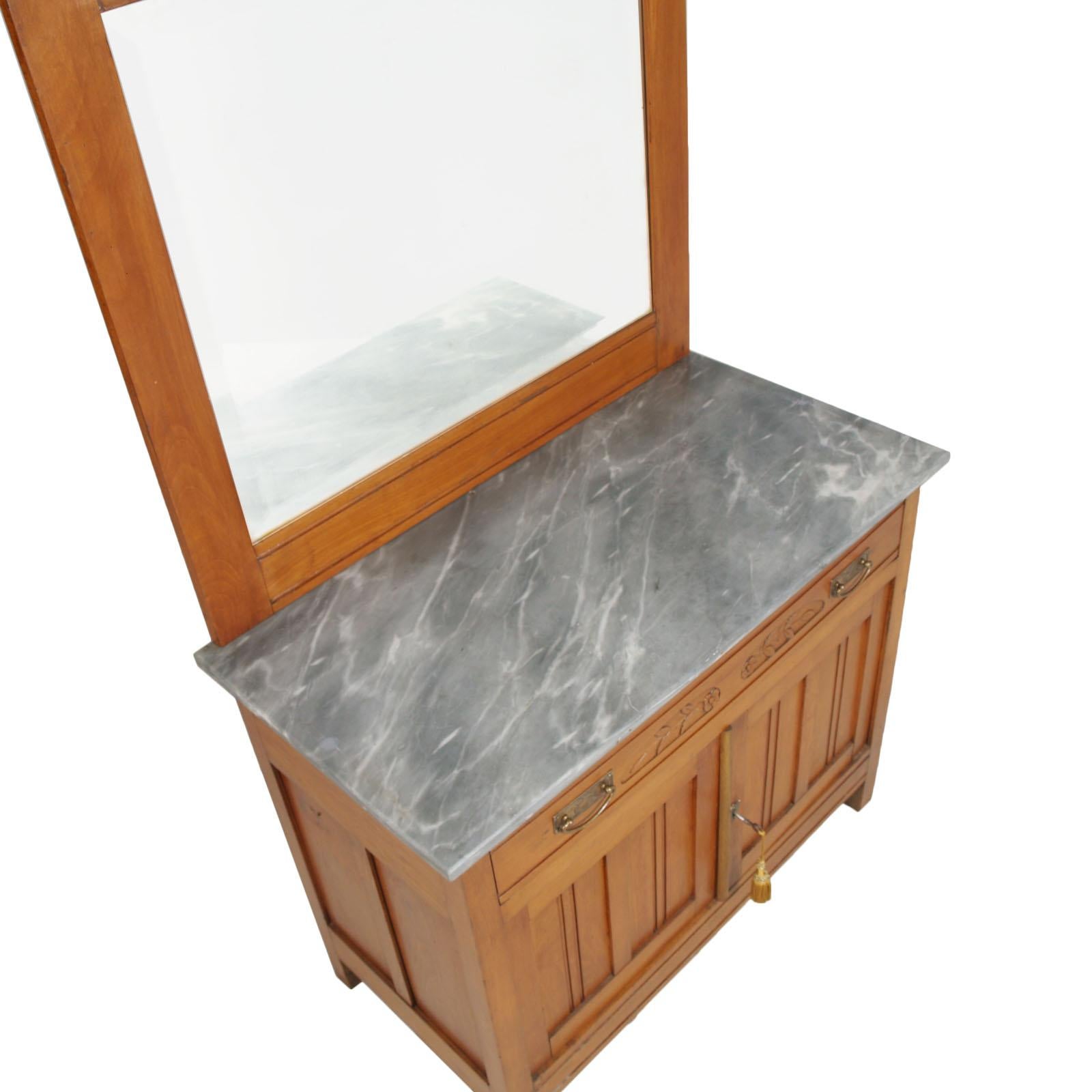 Art Nouveau Vanity Cabinet, Carved Cherrywood, Bevelled Mirror, Gray Marble Top In Good Condition For Sale In Vigonza, Padua
