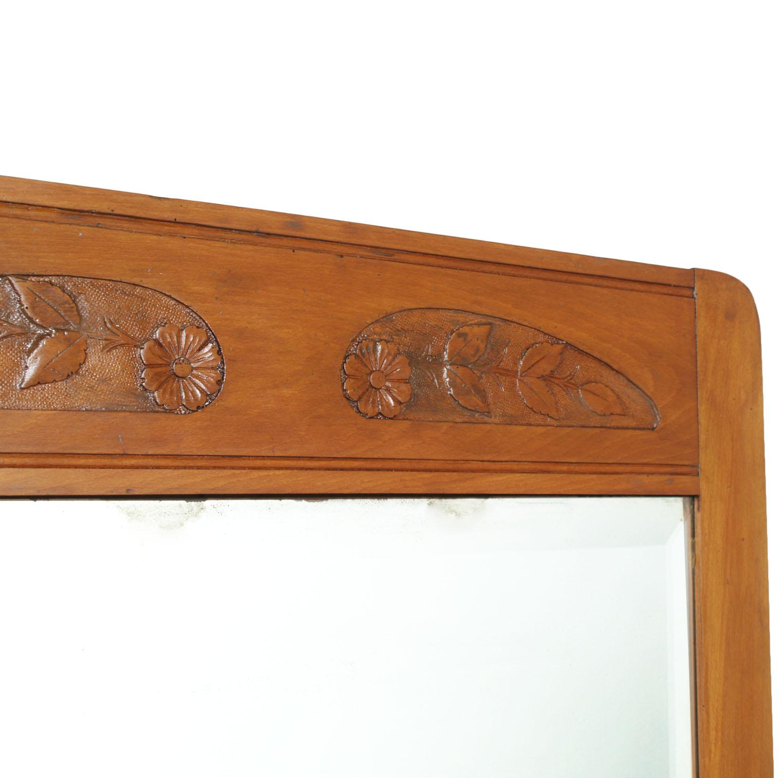 20th Century Art Nouveau Vanity Cabinet, Carved Cherrywood, Bevelled Mirror, Gray Marble Top For Sale