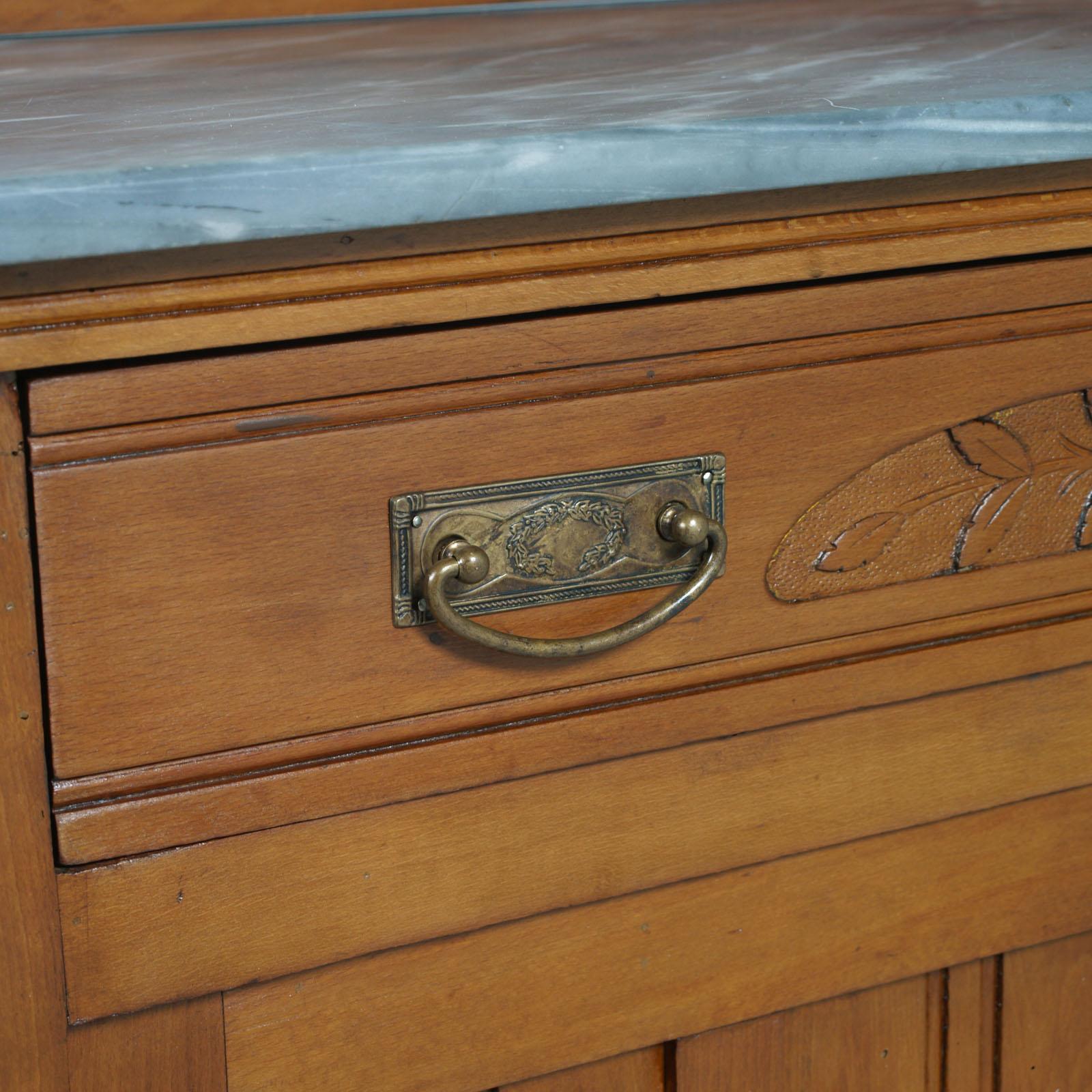Pine Art Nouveau Vanity Cabinet, Carved Cherrywood, Bevelled Mirror, Gray Marble Top For Sale
