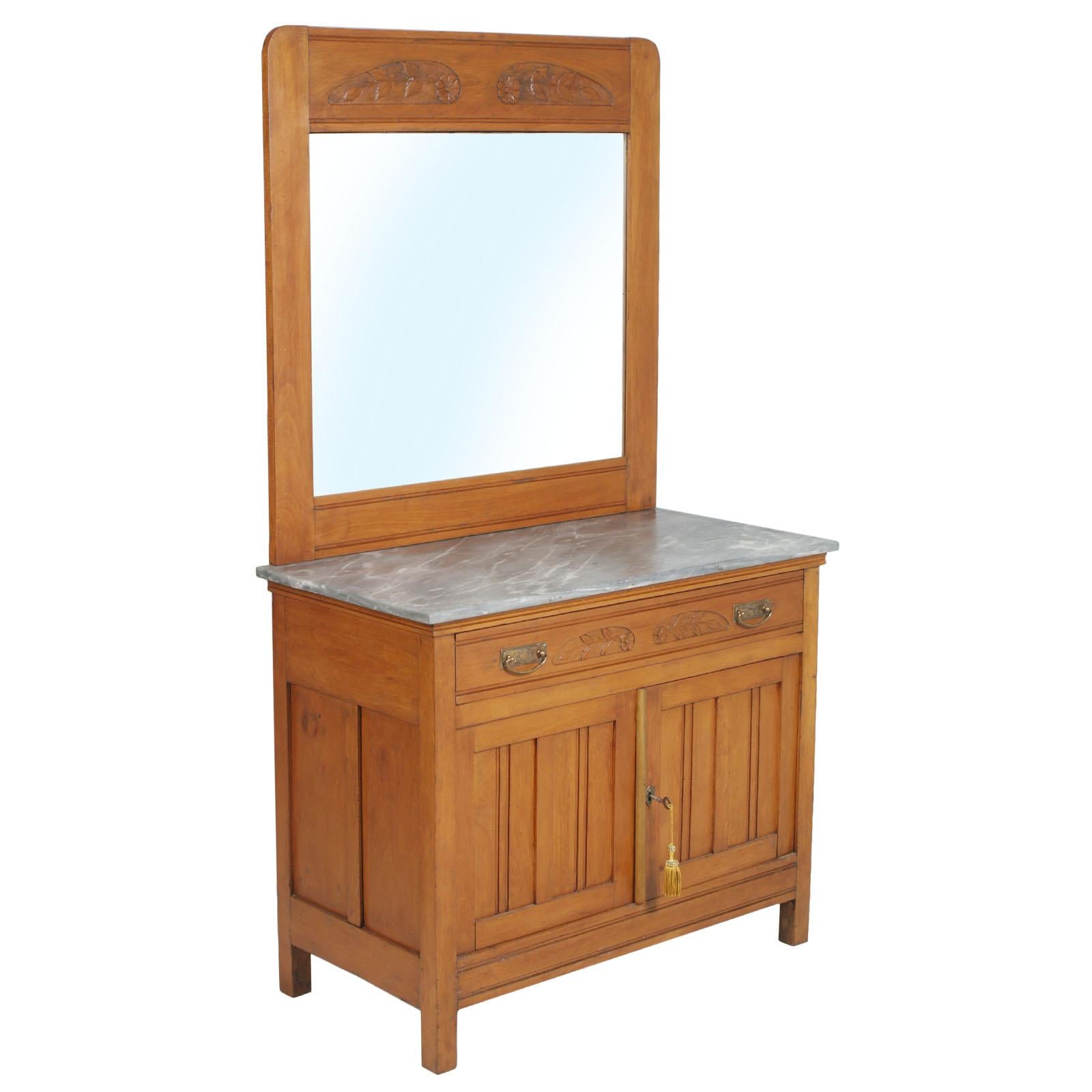 Art Nouveau Vanity Cabinet, Carved Cherrywood, Bevelled Mirror, Gray Marble Top For Sale