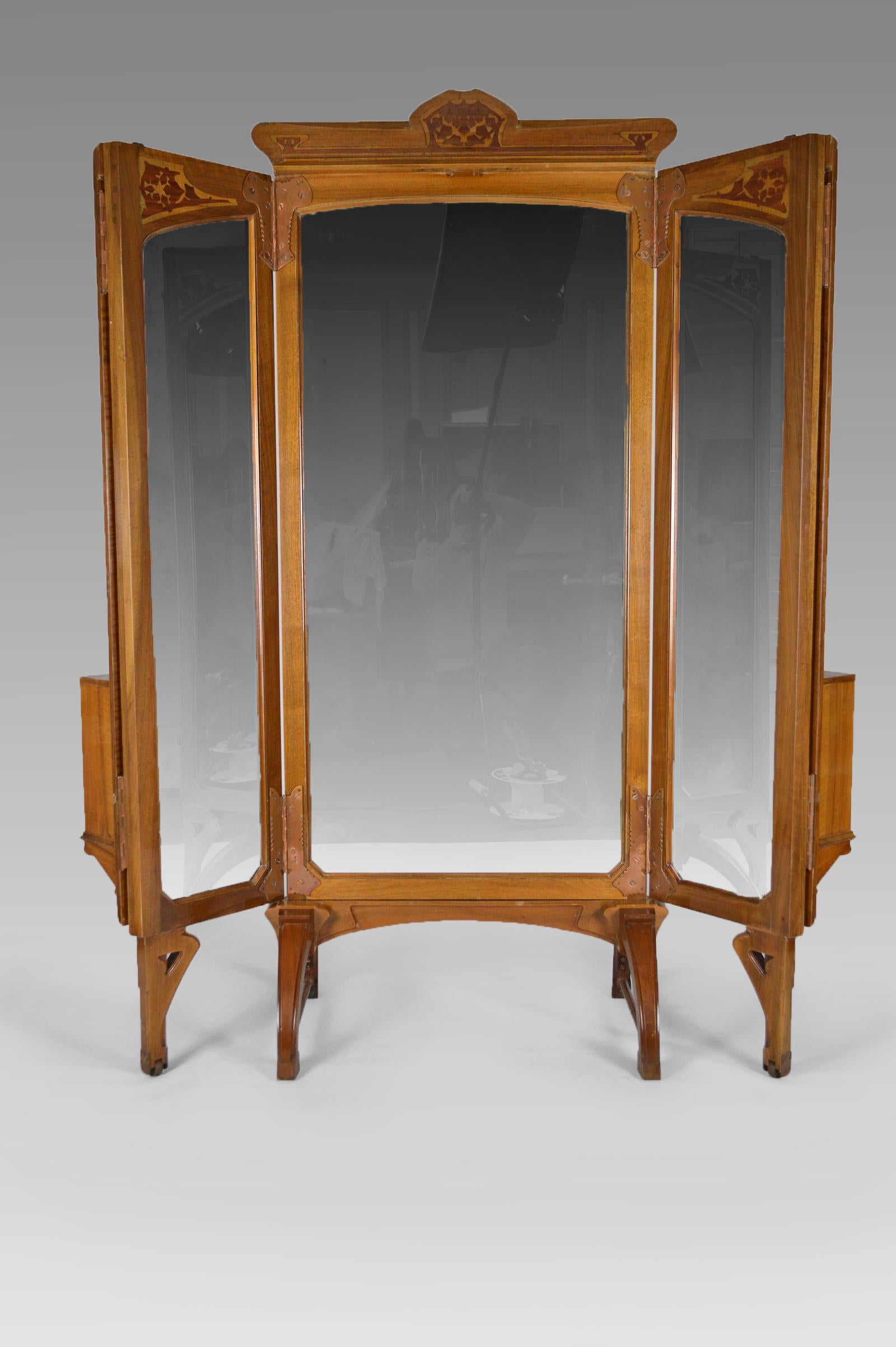 French Art Nouveau Vanity Folding Mirror Screen with Marquetry, 1901 For Sale