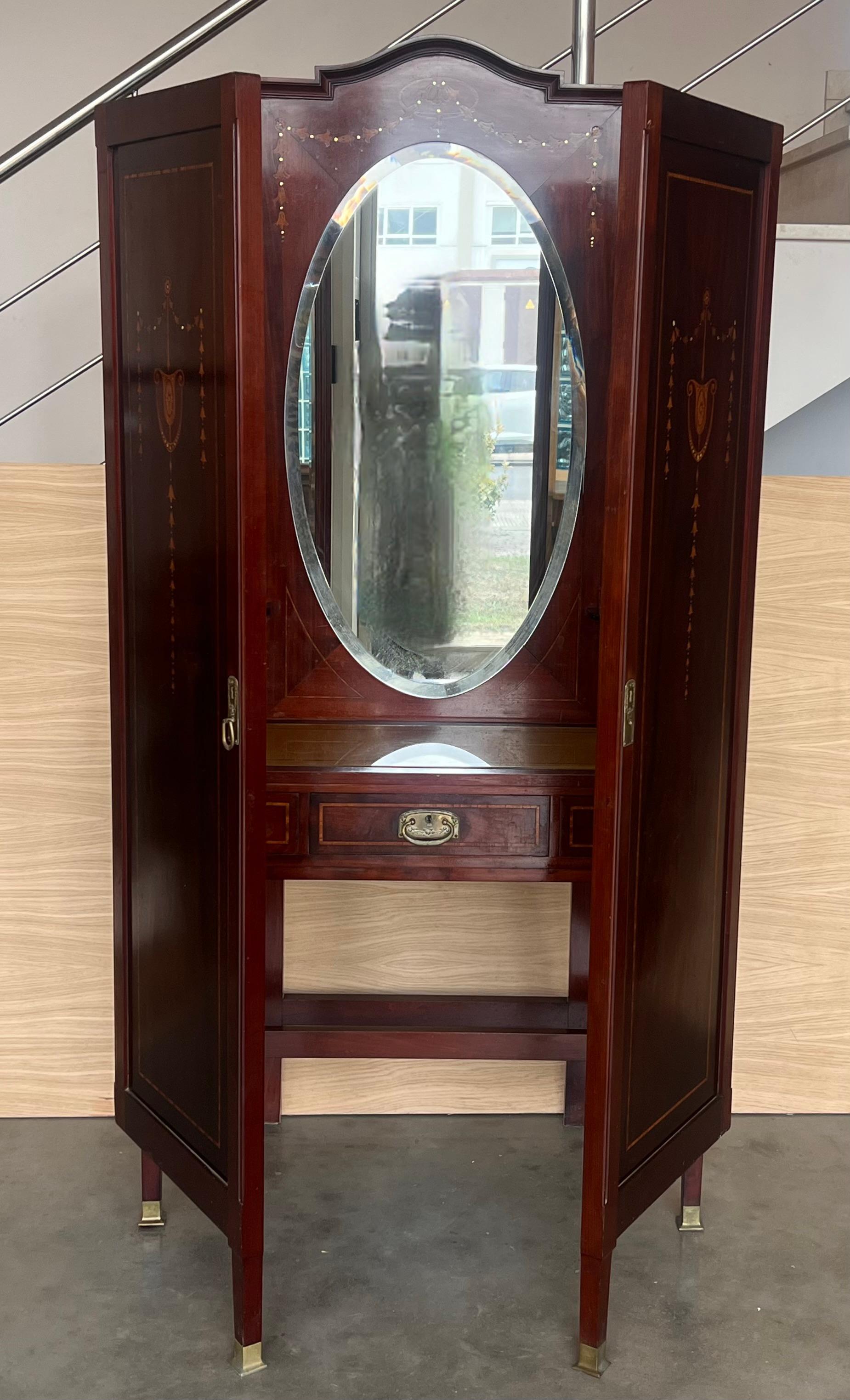 Walnut Art Nouveau Vanity Table with Folding Dresser Mirror For Sale