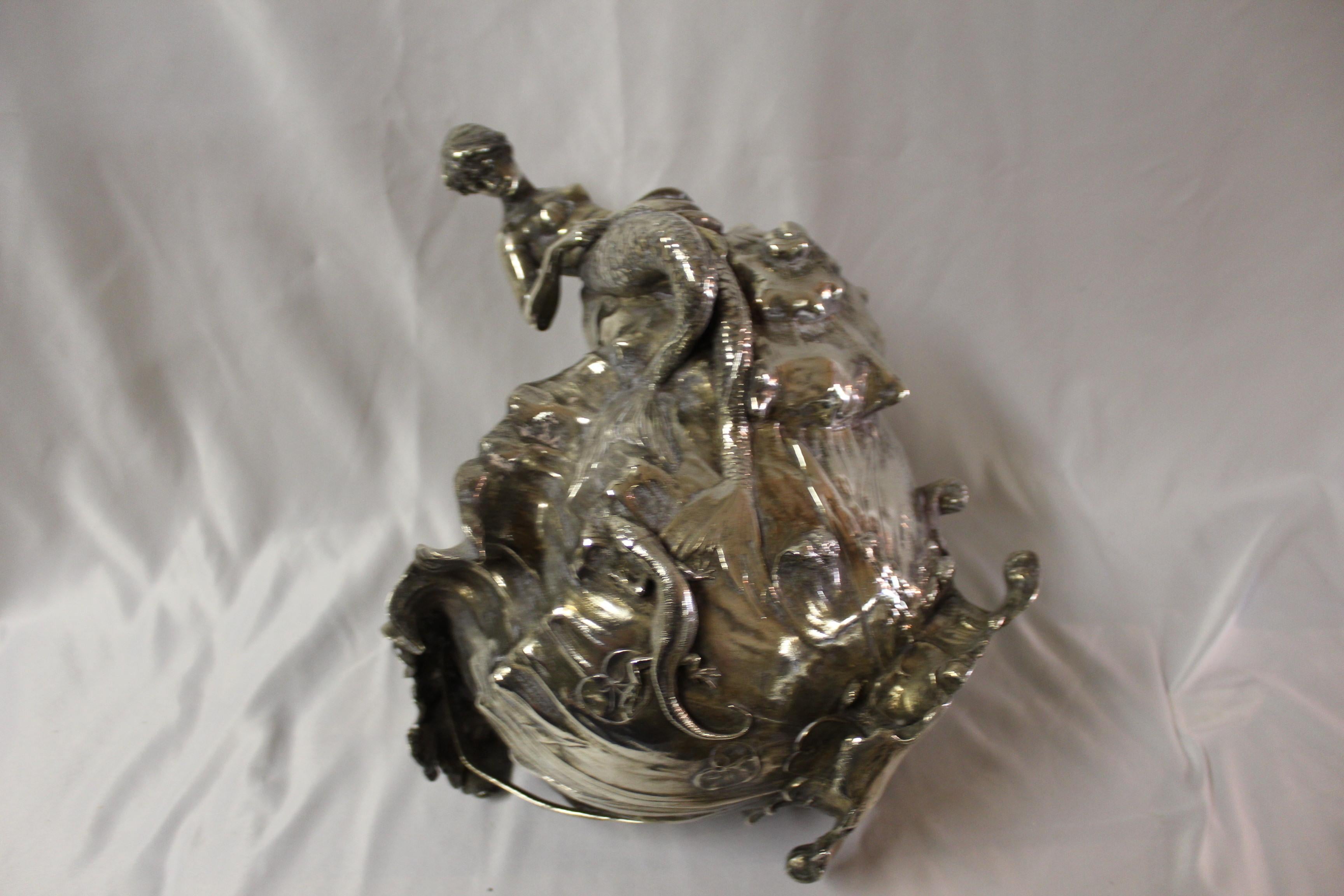 German Art Nouveau Vase (Antique )Silver Plate Mermaid, Signed and Dated 1897 For Sale