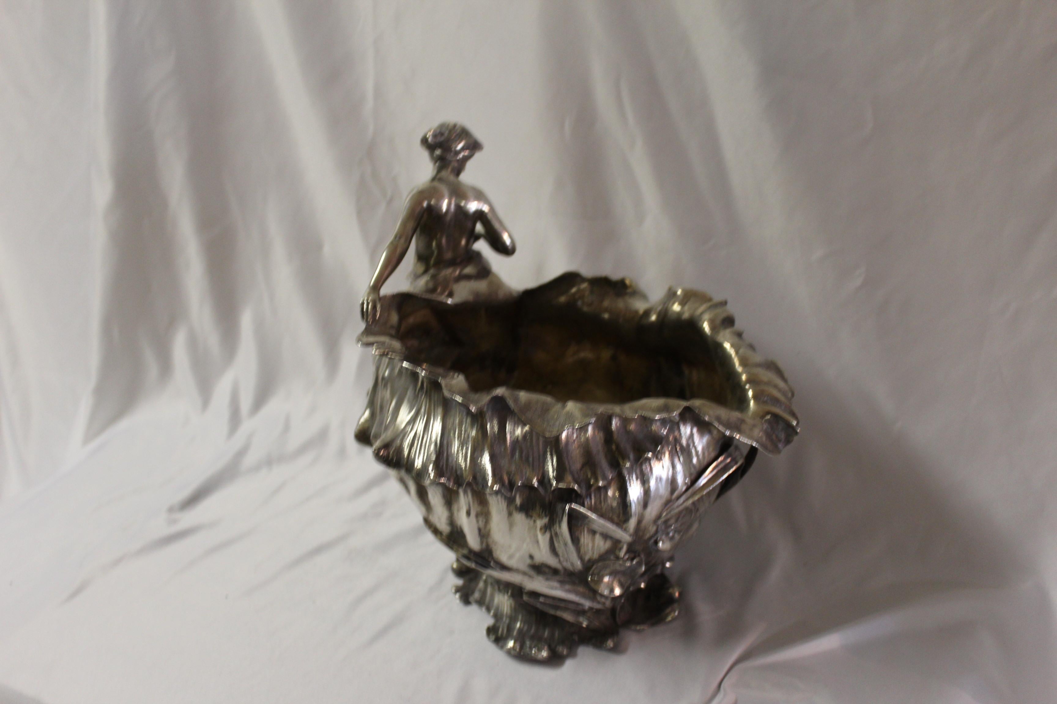 Spelter Art Nouveau Vase (Antique )Silver Plate Mermaid, Signed and Dated 1897 For Sale