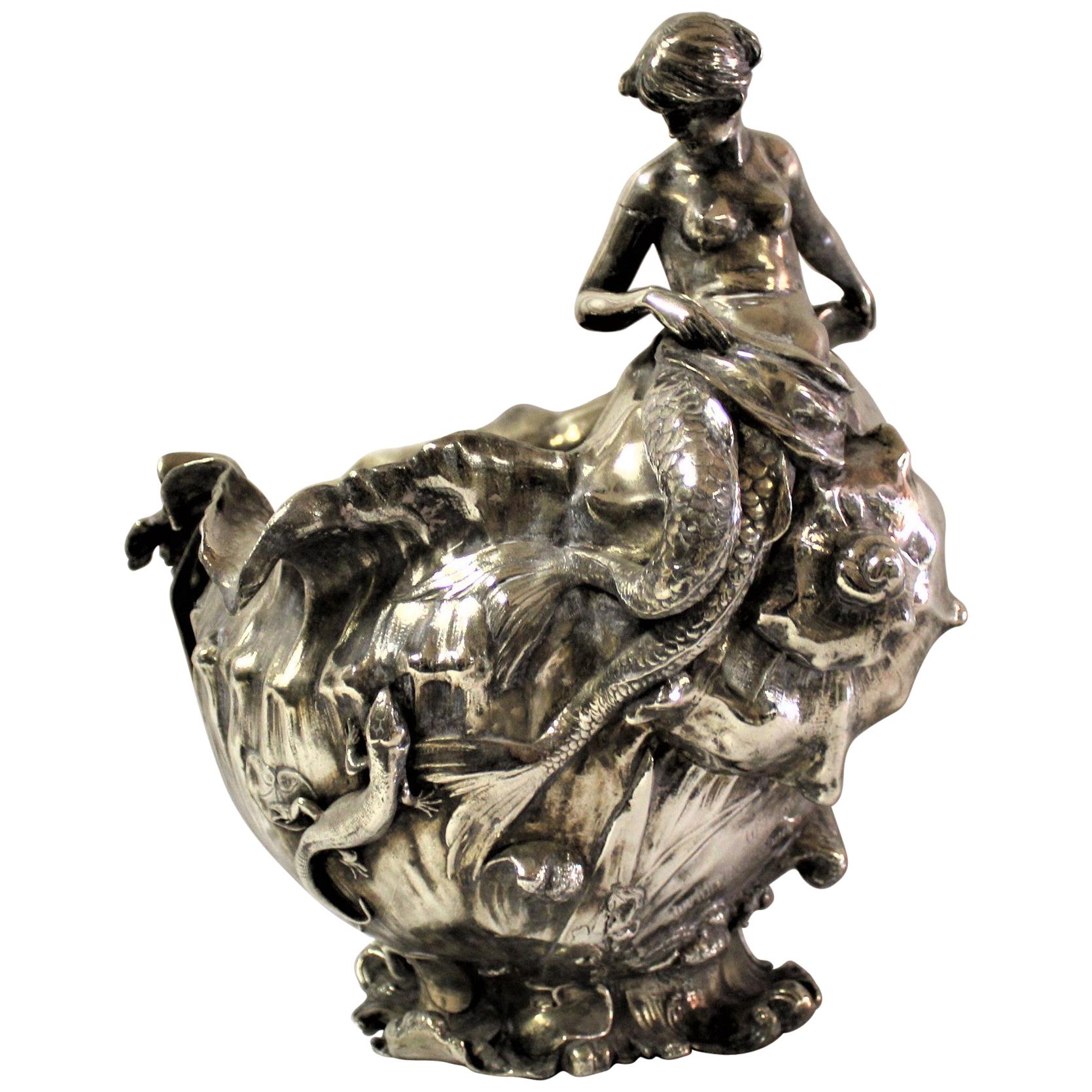 Art Nouveau Vase (Antique )Silver Plate Mermaid, Signed and Dated 1897 For Sale