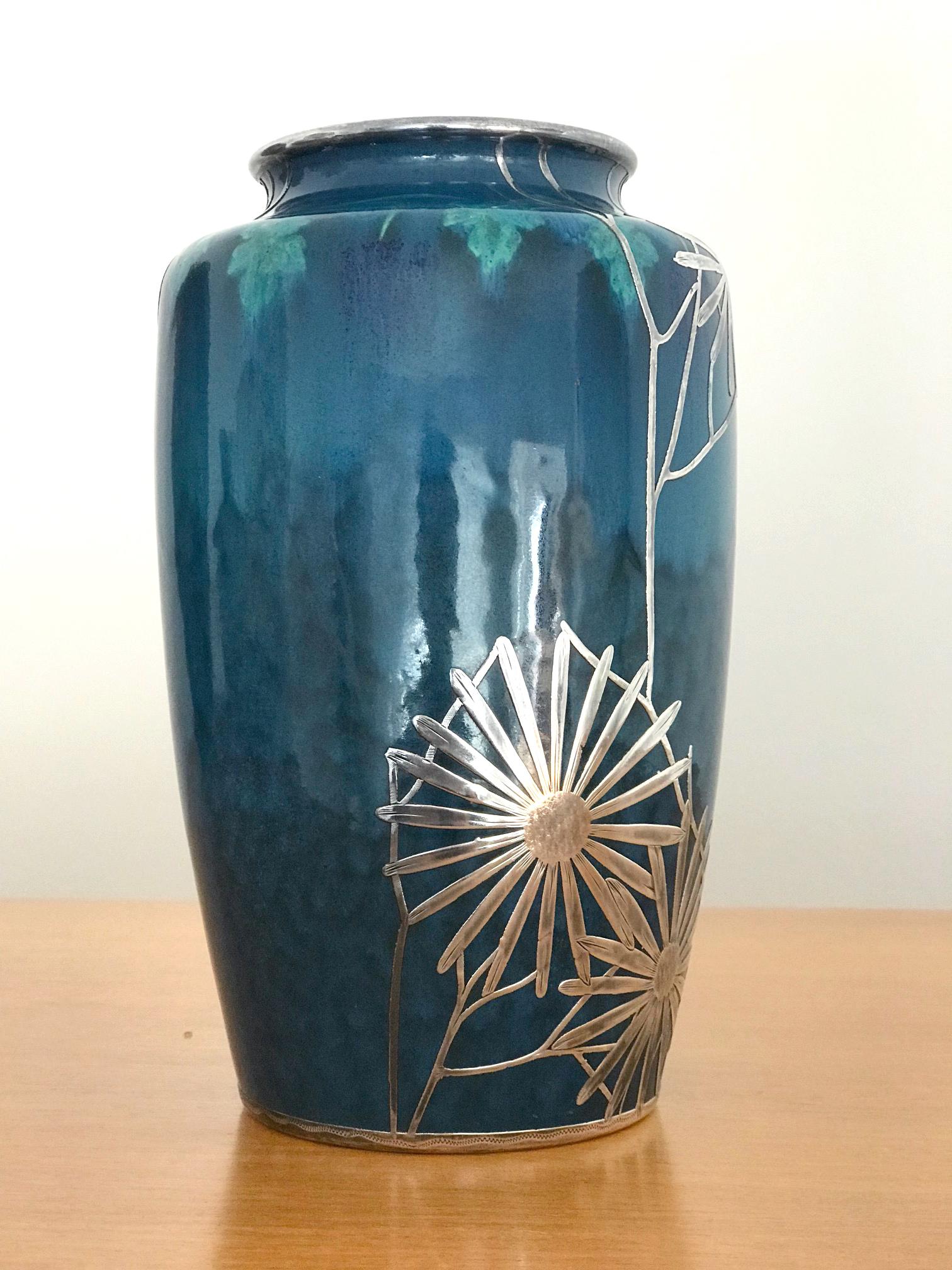 English Art Nouveau Vase by Ruskin Pottery with Shreve & Co. Silver Overlay