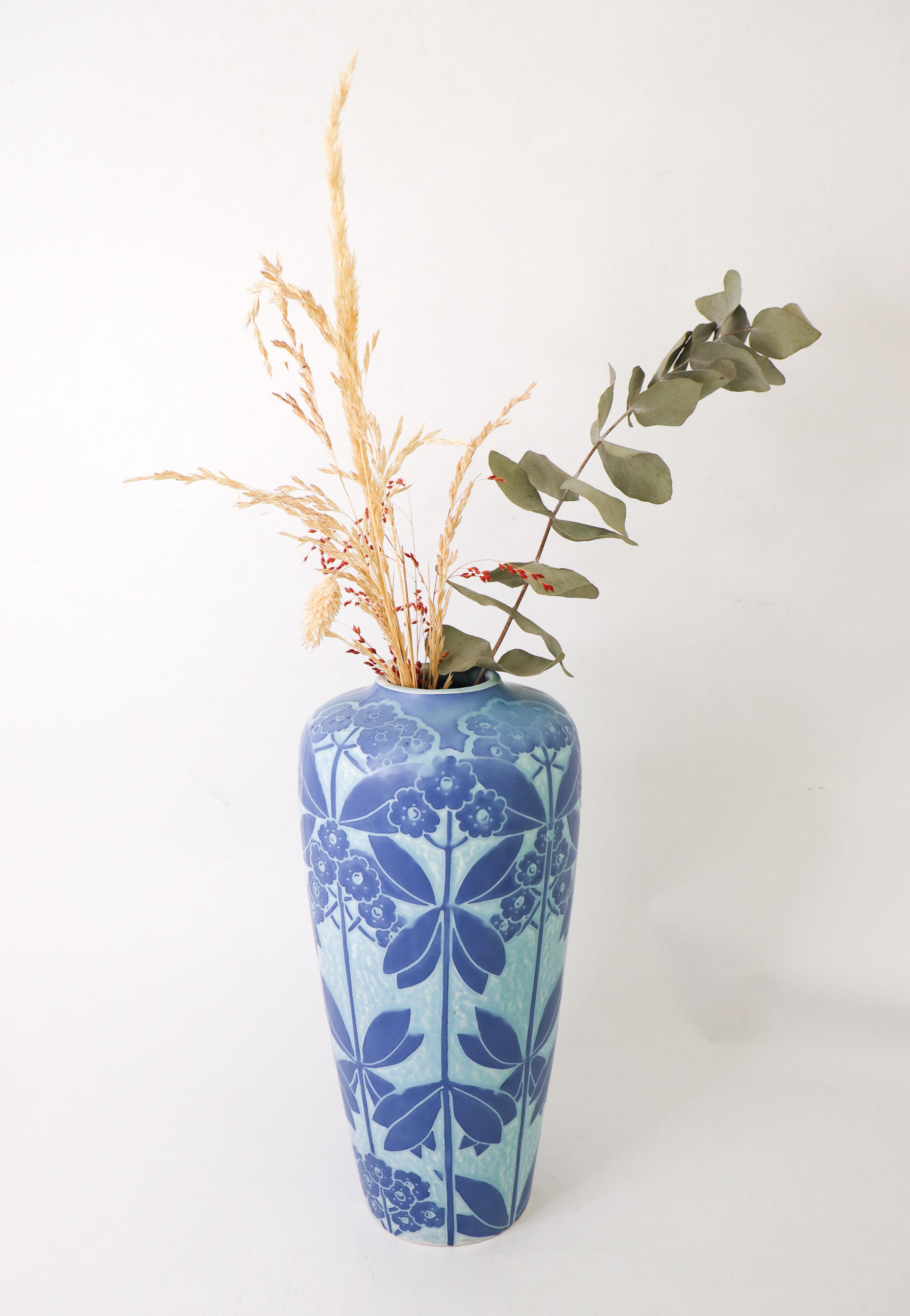 Swedish Art Nouveau Vase Ceramics, Floral Turquoise & Blue Elsa Engestrom Sgrafitto 1916