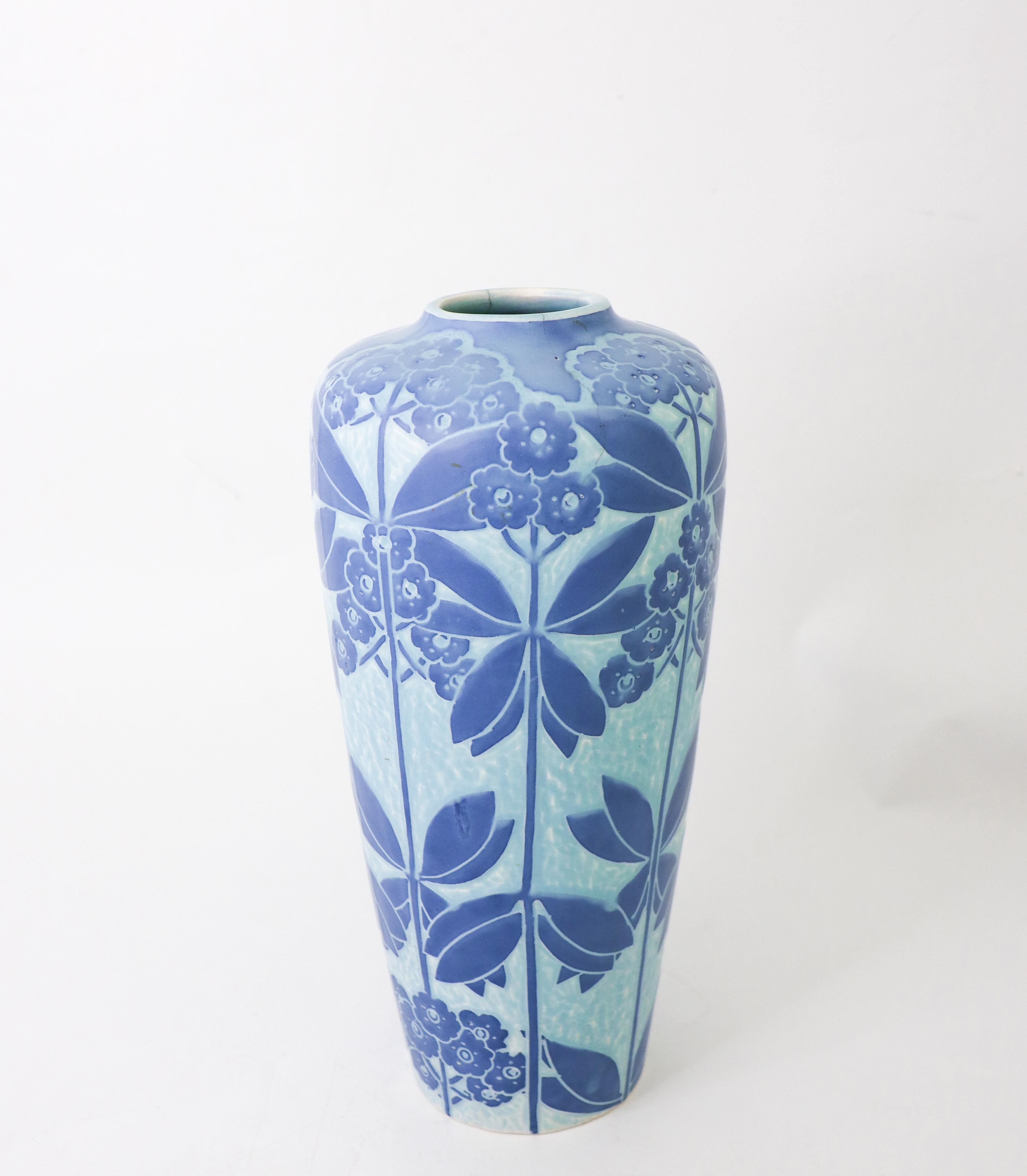 Glazed Art Nouveau Vase Ceramics, Floral Turquoise & Blue Elsa Engestrom Sgrafitto 1916