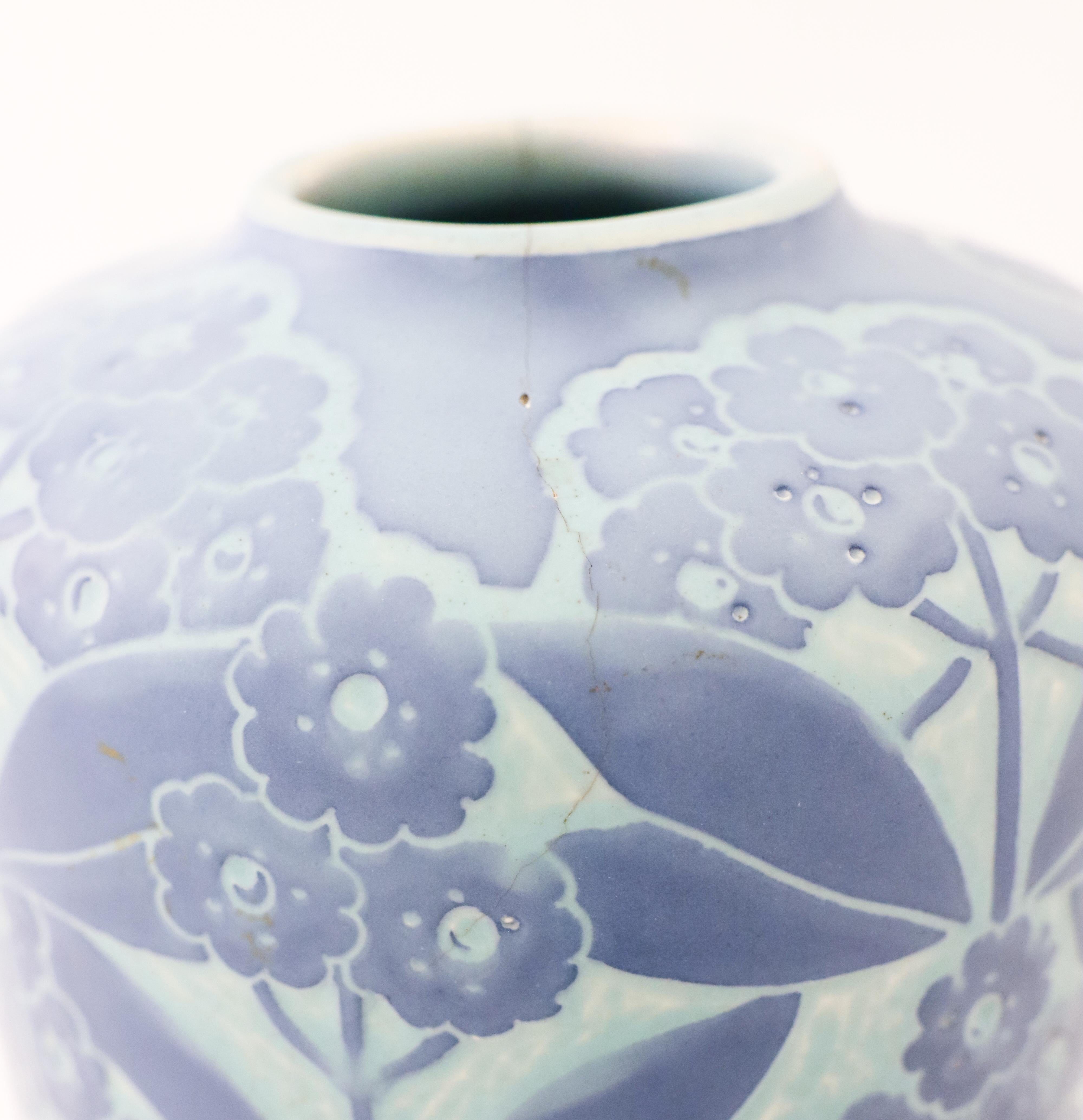 20th Century Art Nouveau Vase Ceramics, Floral Turquoise & Blue Elsa Engestrom Sgrafitto 1916
