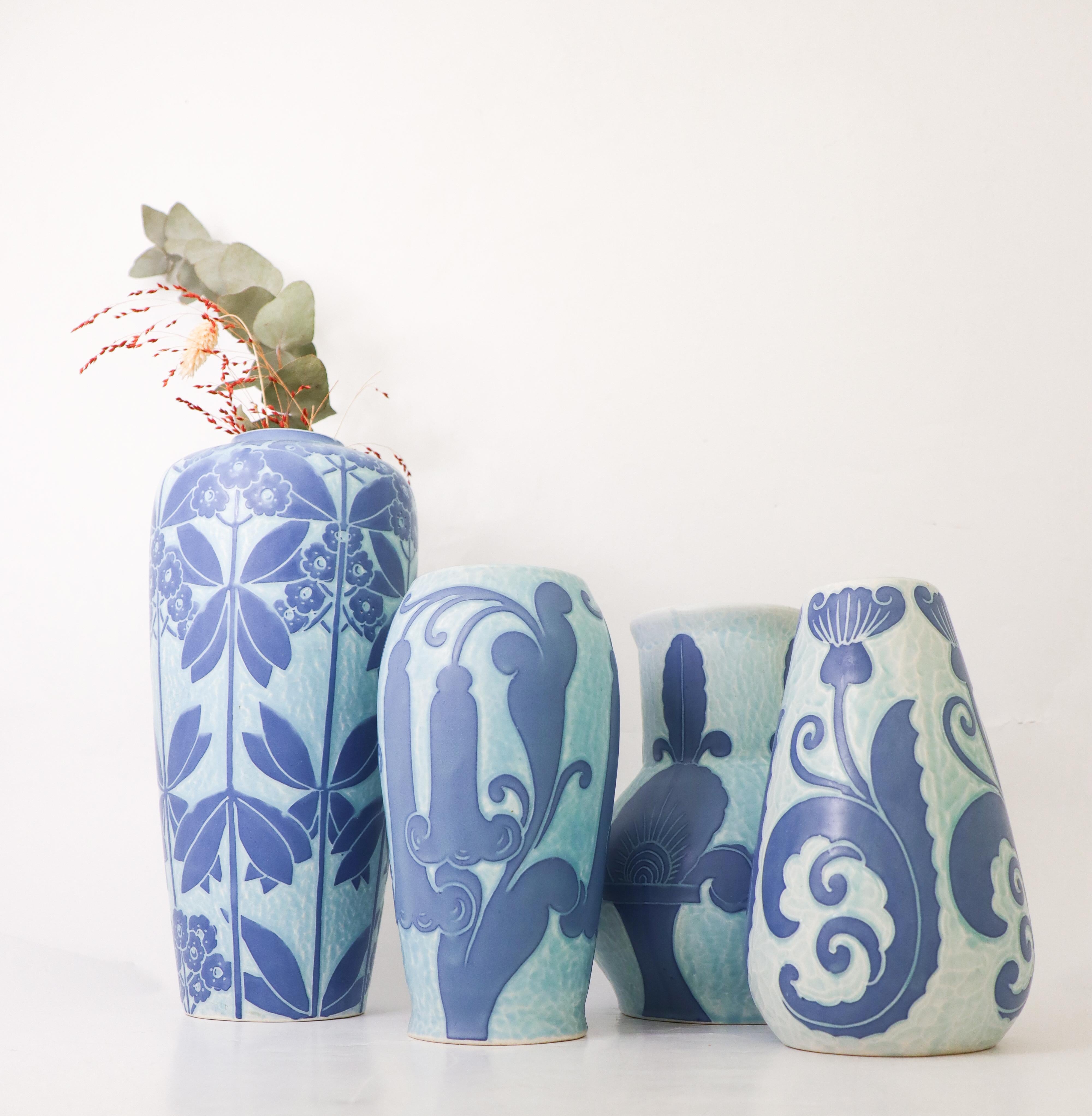 Art Nouveau Vase Ceramics, Floral Turquoise & Blue Elsa Engestrom Sgrafitto 1916 1
