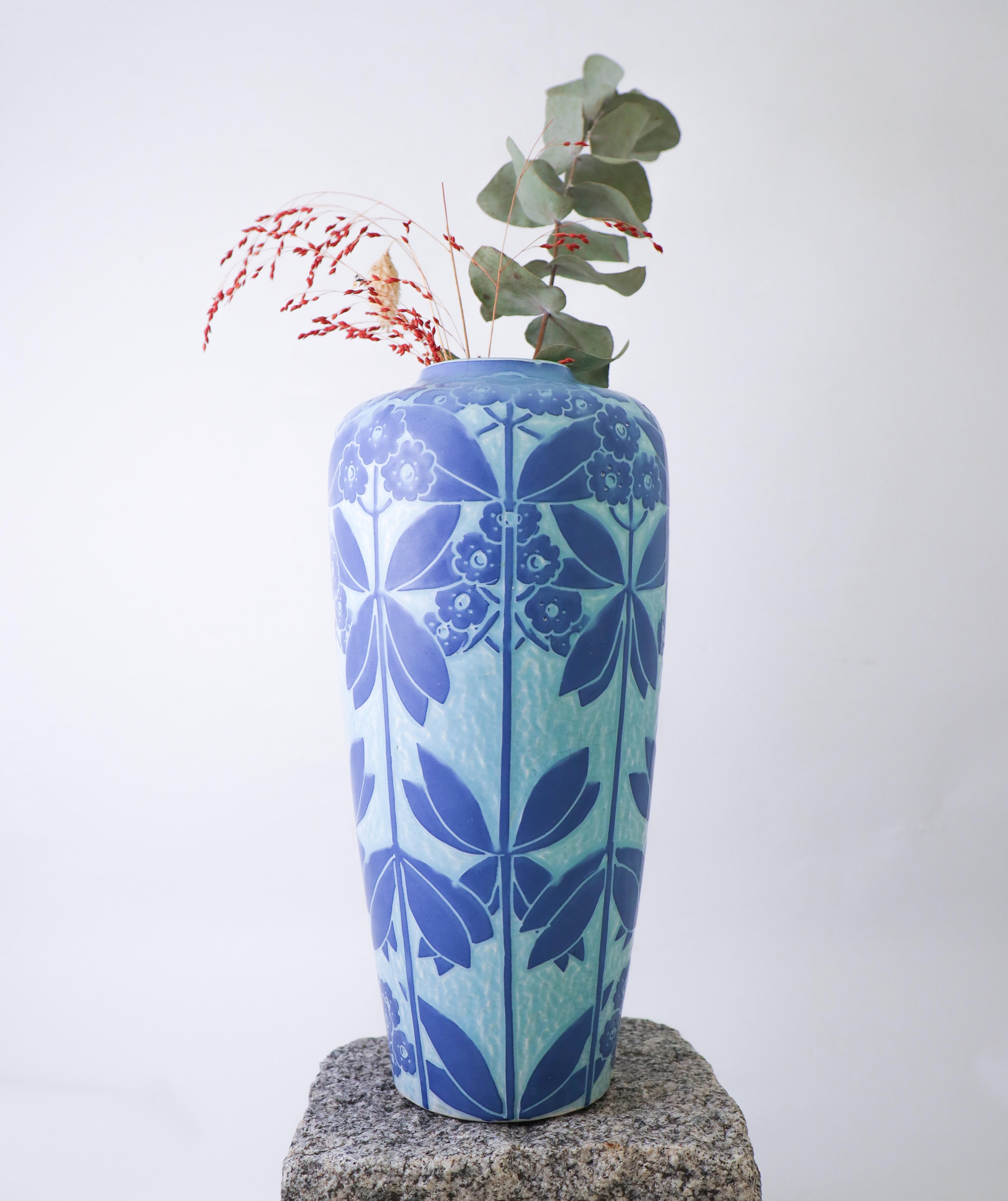 Art Nouveau Vase Ceramics, Floral Turquoise & Blue Elsa Engestrom Sgrafitto 1916 2