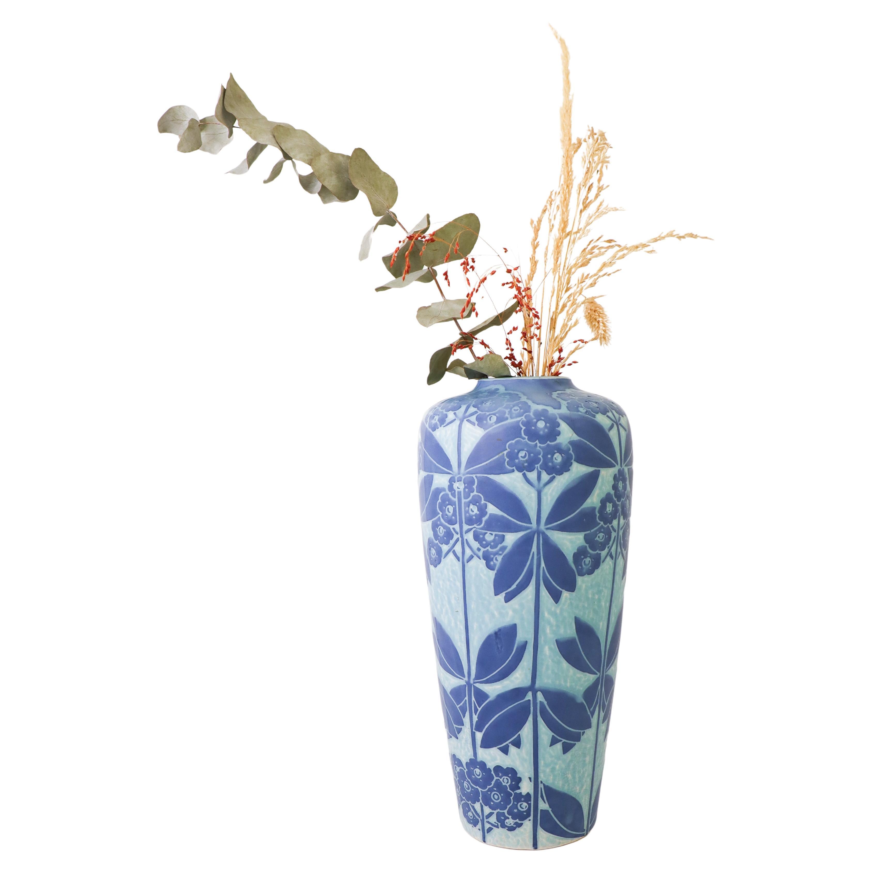 Art Nouveau Vase Ceramics, Floral Turquoise & Blue Elsa Engestrom Sgrafitto 1916