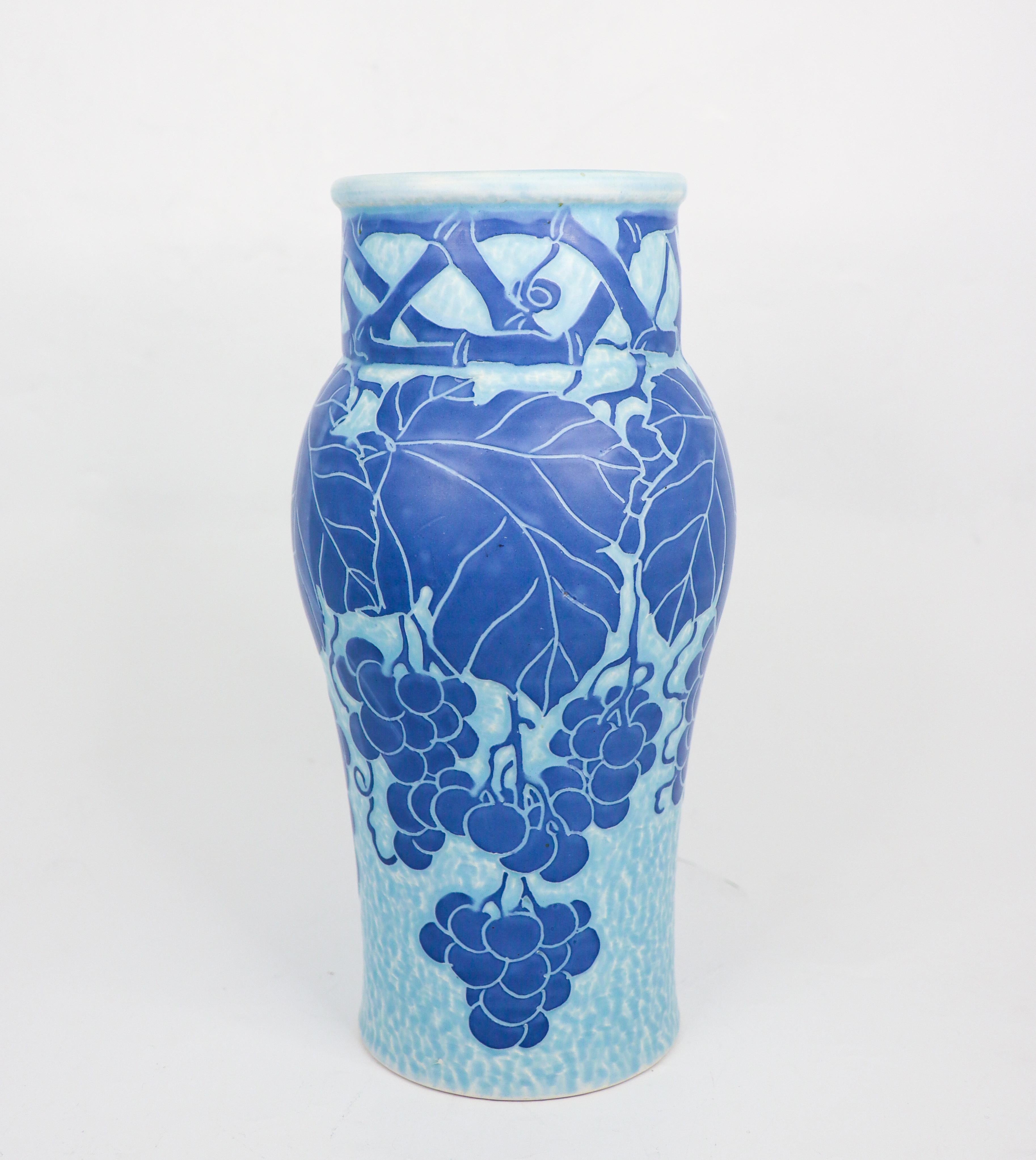 Swedish Art Nouveau Vase Ceramics, Floral Turquoise & Blue Josef Ekberg Sgrafitto 1915 For Sale