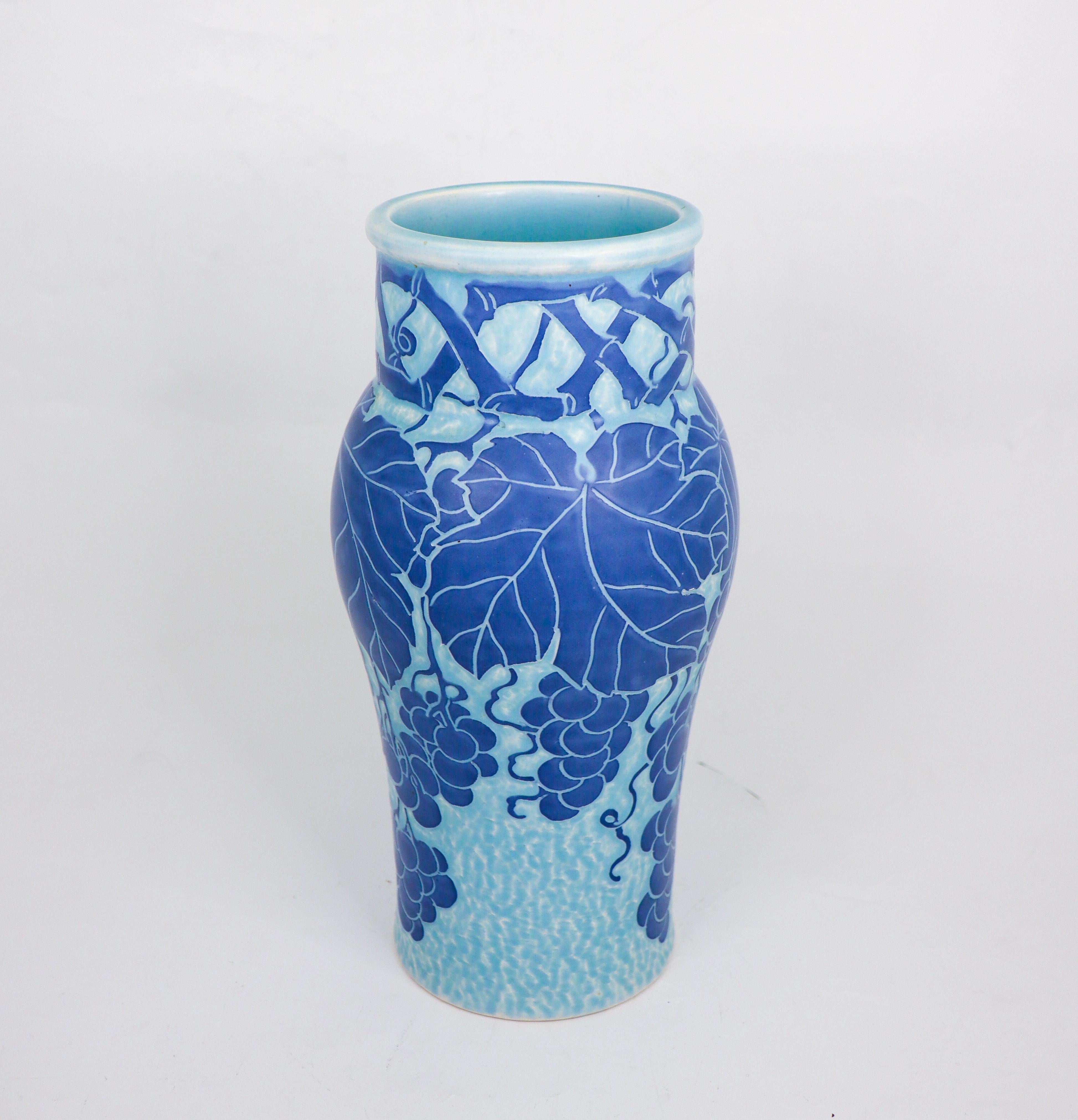 Glazed Art Nouveau Vase Ceramics, Floral Turquoise & Blue Josef Ekberg Sgrafitto 1915 For Sale