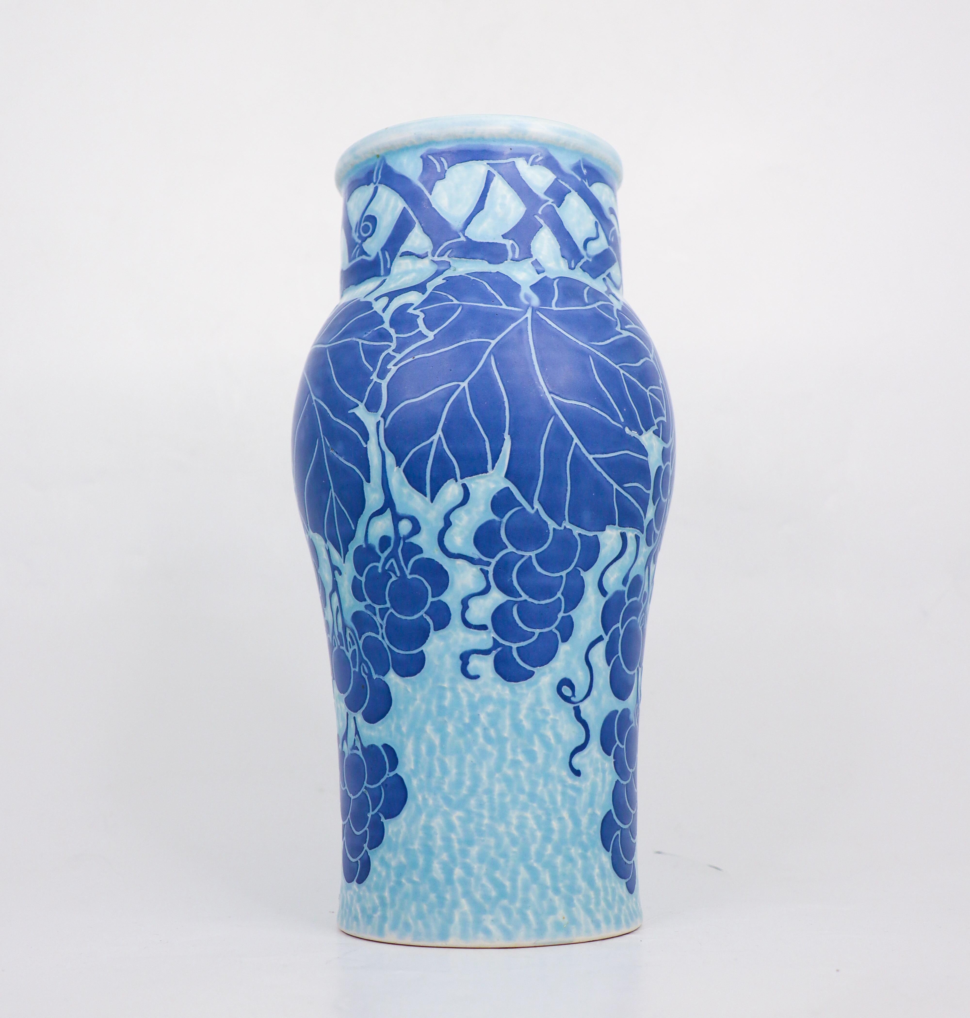 Art Nouveau Vase Ceramics, Floral Turquoise & Blue Josef Ekberg Sgrafitto 1915 In Good Condition For Sale In Stockholm, SE