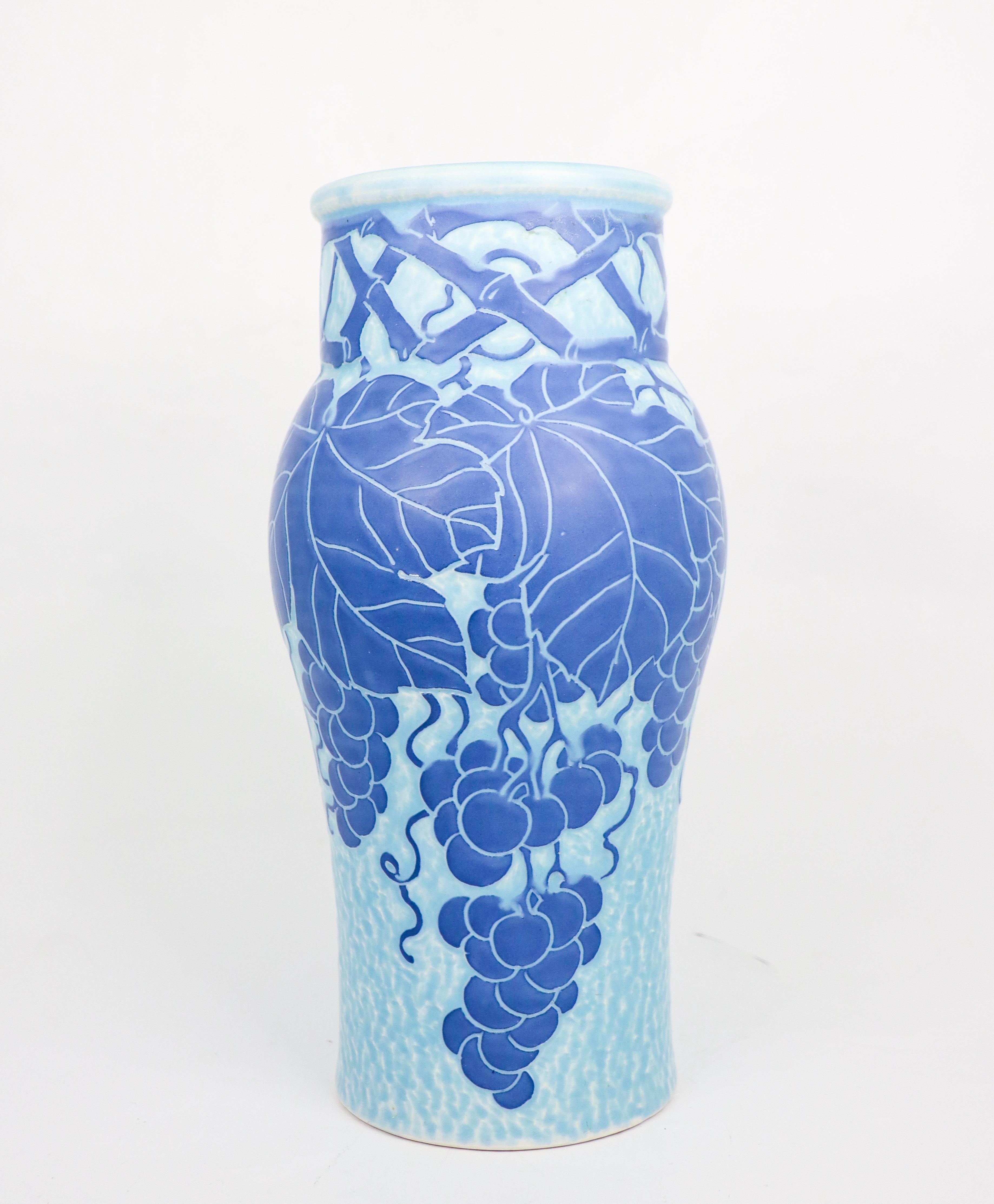 20th Century Art Nouveau Vase Ceramics, Floral Turquoise & Blue Josef Ekberg Sgrafitto 1915 For Sale